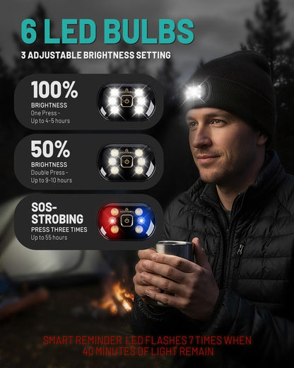 AOPREL Beanie with The Light, Unisex USB Rechargeable Headlamp Winter Knitted Cap for Men Dad Husband Black