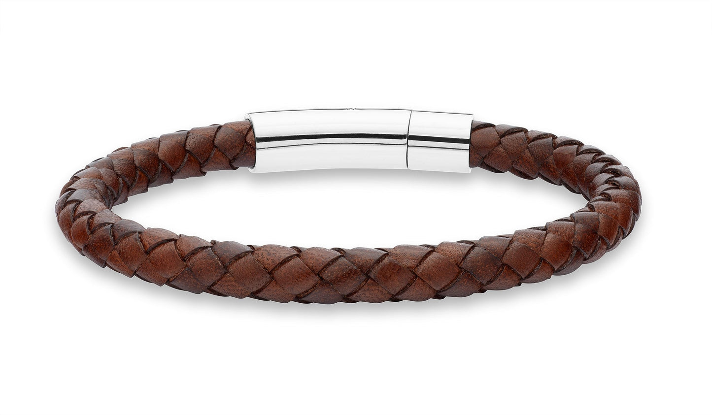 Miabella Genuine Italian Braided Leather Bracelet for Men, Stainless Steel Clasp, Made in Italy (Brown, Large - 9" Length)