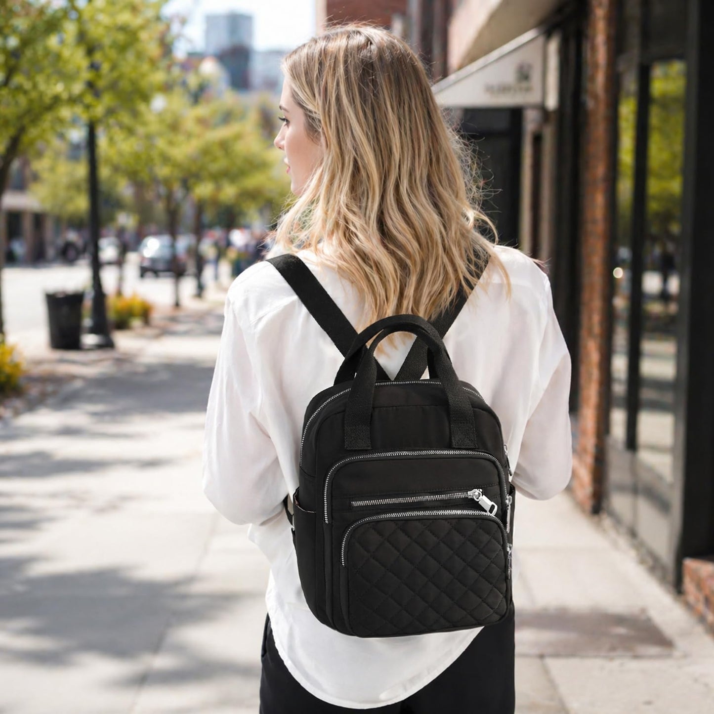 SULCET Small Backpack for Women Casual Quilted Square Bag Waterproof Multi Pockets Daypack Lightweight Top Handle Satchel