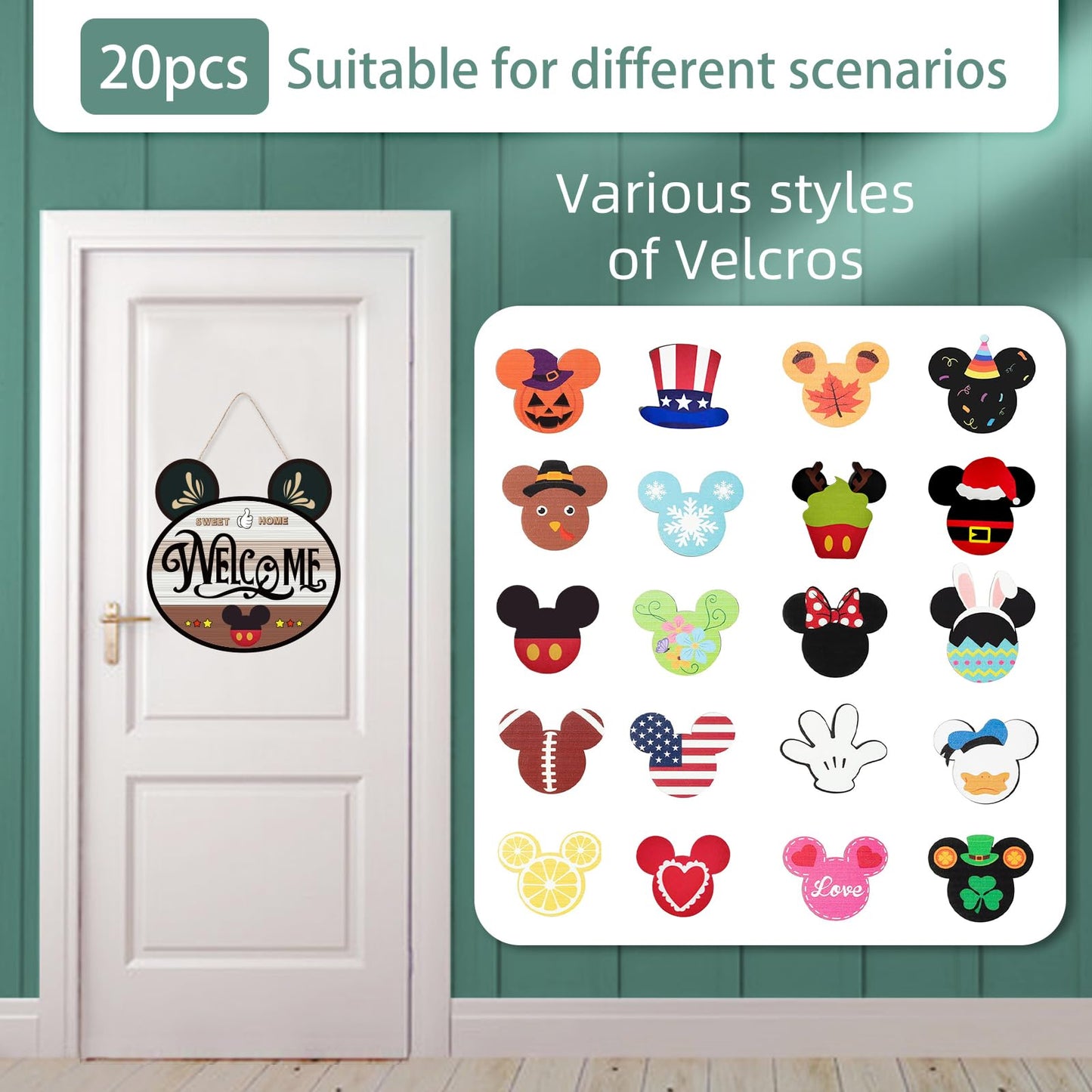 FUEMEILY 15.7'' Cute Mouse Seasonal Interchangeable Home Sign for Front Porch,18pcs Interchangeable Hanging Vertical Welcome Door Sign for Farmhouse/Wall/Porch Decor and Housewarming Gift