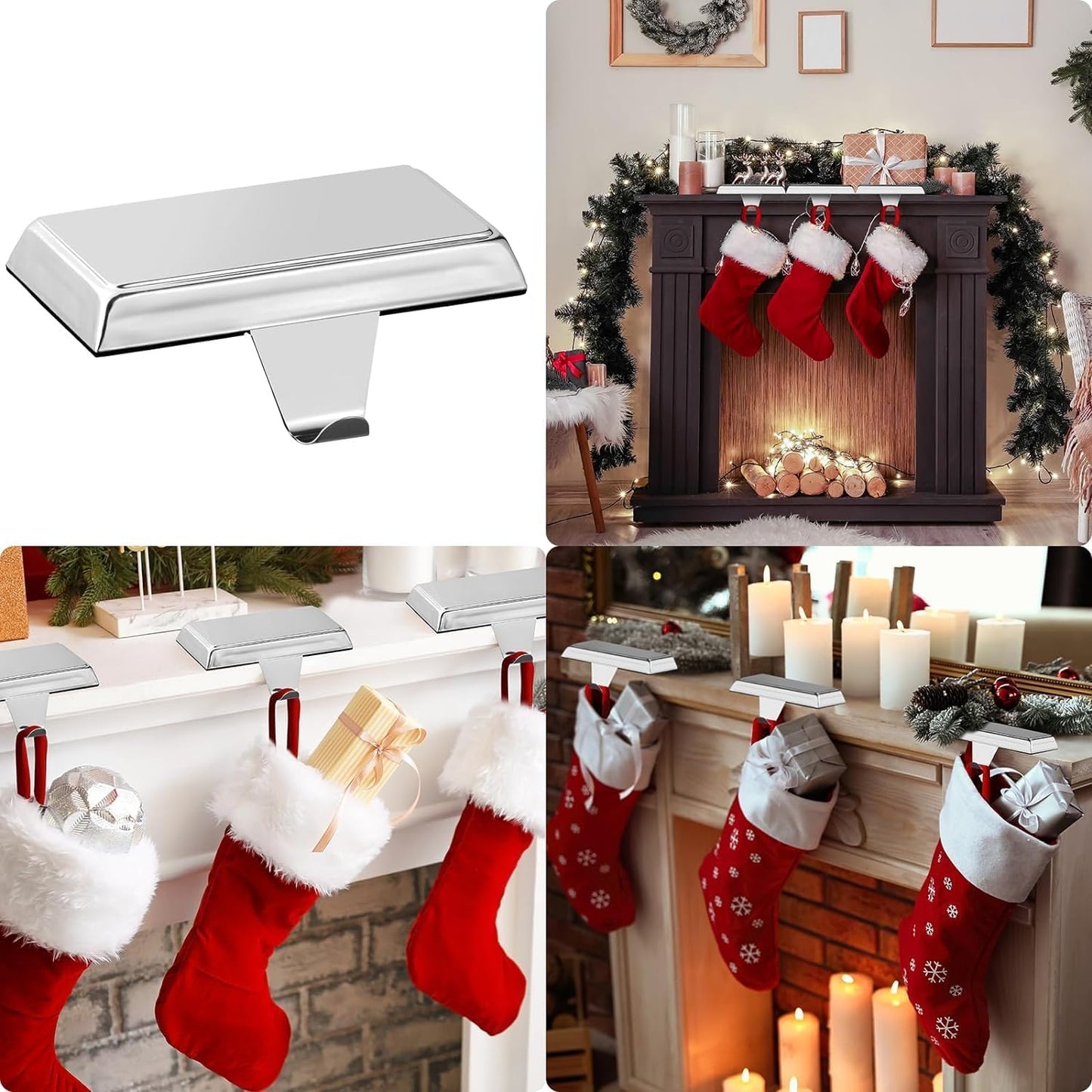 Guojanfon Christmas Stocking Holders Mantel Stocking Hangers Metal Hanging Hooks Stocking Holders Bases for Fireplace Free Standing Christmas Xmas Party Decoration (2 Silver, 2)