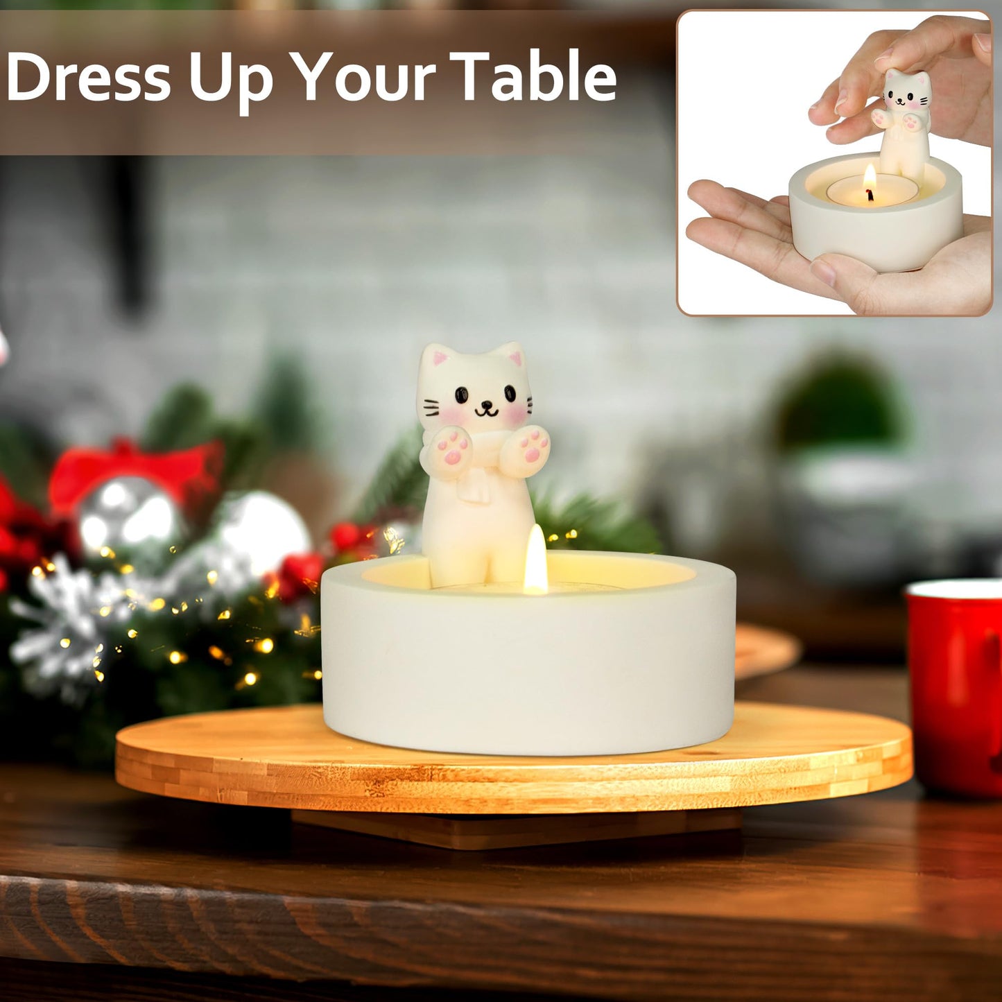 Teppellze Cute Cat Candle Holder, Handmade Kitten Warming Paws Tealight Holder, Aesthetic Room Decor, Unique Gifts for Cat Lovers Women, Friends, Cat Moms (Gift Box Included)