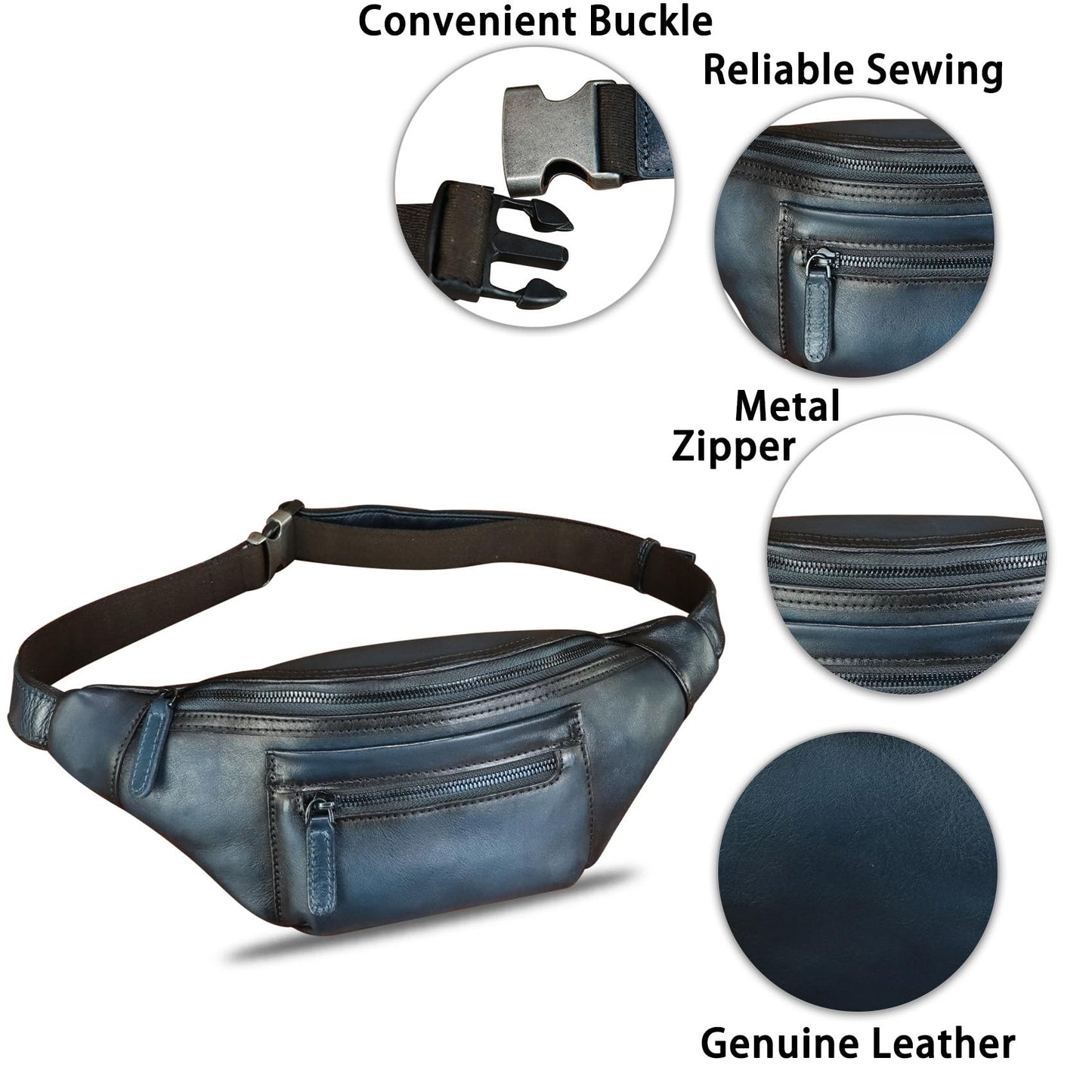 Genuine Leather Fanny Pack for Men and Women Vintage Handmade Leather Waist Bag Sling Backpack Hip Purse Crossbody Bag (Blue)