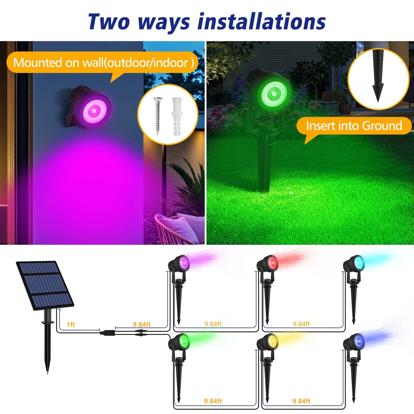 T-SUNUS RGB Solar Spot Lights Christmas Outdoor 6-in-1, Color Changing Landscape Spotlights Pond Lighting Waterproof IP65 9.8ft Cable for Tree Patio Pathway Yard Garden Wall Flag Halloween Holiday