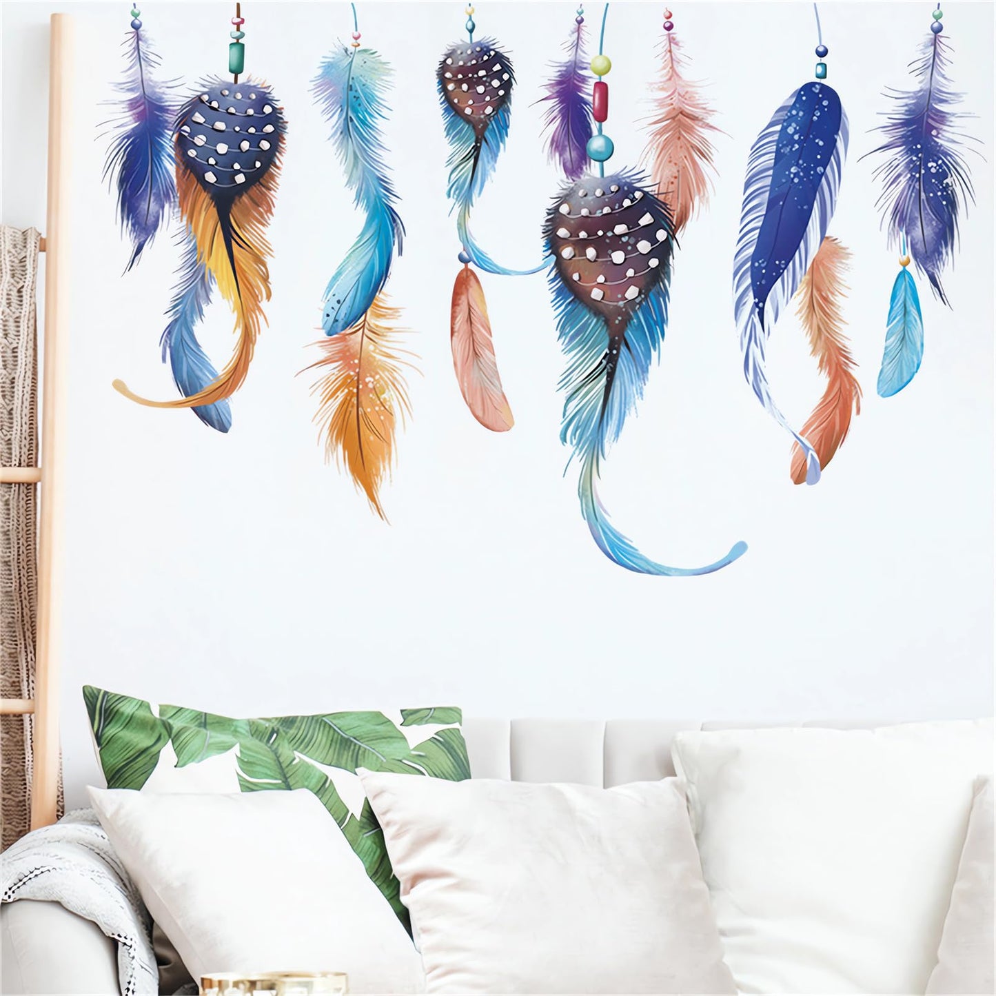 Hanging Dream Feather Wall Stickers, sacinora Plume Wall Decals Removable Vinyl Peel and Stick for Living Room Bedroom Children's Room Sofa TV Background Art Decorations