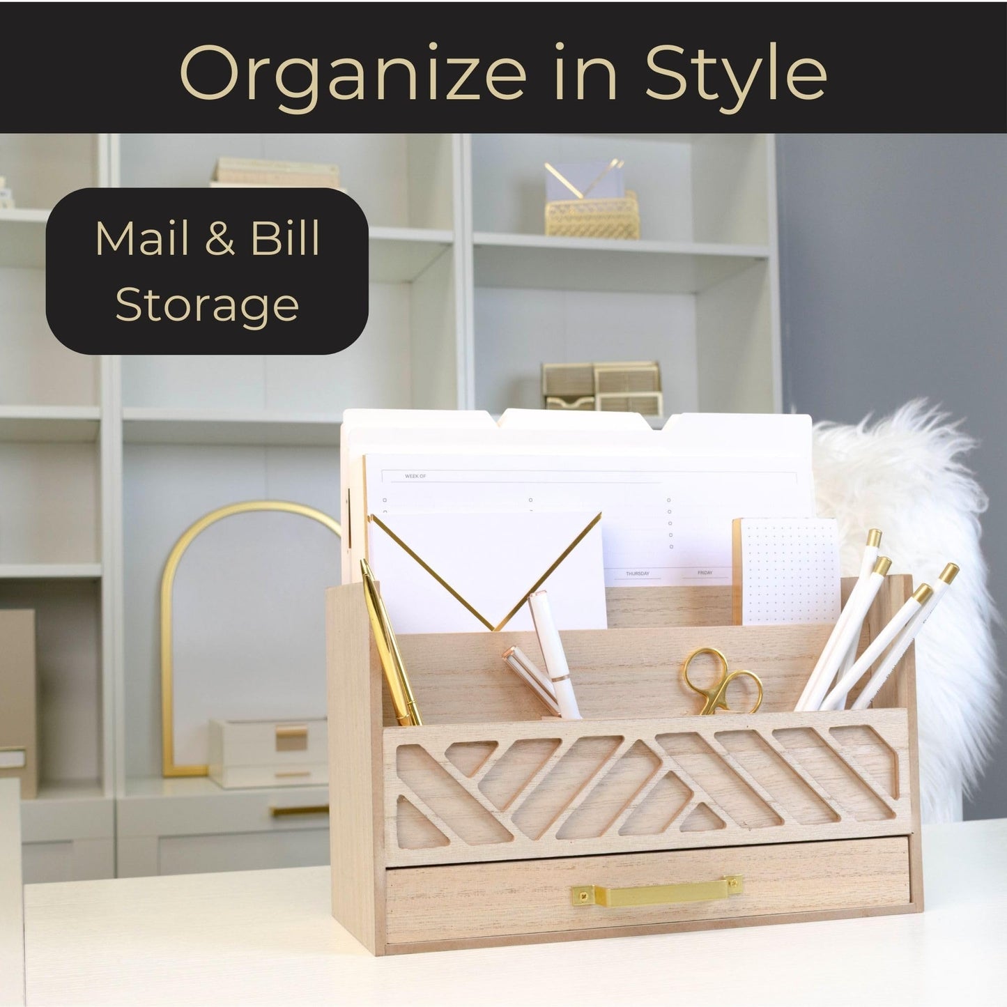 BLU MONACO | Wooden Mail Organizer with Drawer and Gold Handle | Outgoing Mail Holder and Letter Sorter for Desk | Natural Wood Desktop Paper Organizer
