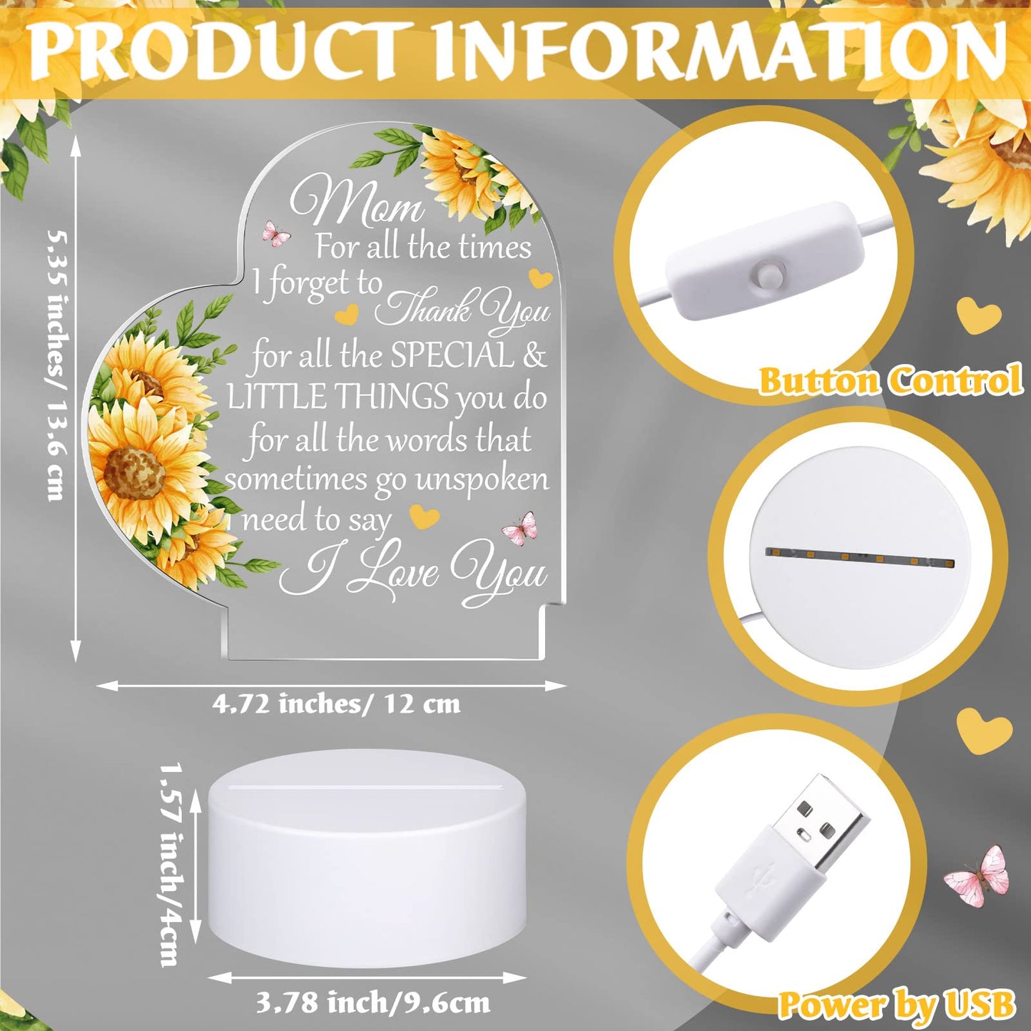 Jetec Mothers Day Birthday Gifts from Daughter Son Christmas Thank You Gift for Mom Sunflower Engraved Acrylic Heart Lamps USB Low Power Night Light Table Decor(Mom for All the Times)