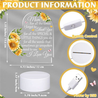 Jetec Mothers Day Birthday Gifts from Daughter Son Christmas Thank You Gift for Mom Sunflower Engraved Acrylic Heart Lamps USB Low Power Night Light Table Decor(Mom for All the Times)