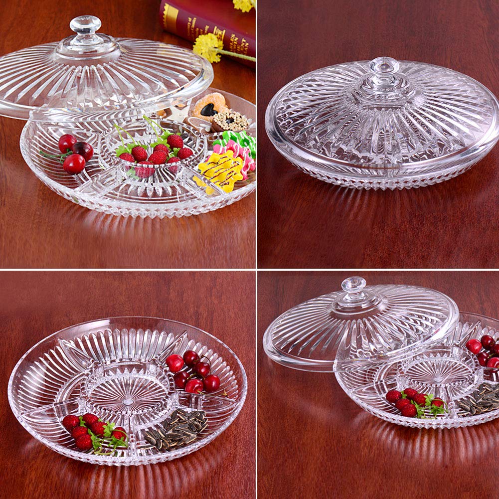 FEOOWV Creative Acrylic Multifunctional Party Snack Tray with Lid,Serving Dishes for Dried Fruits Nuts Candies Fruits,6-Compartment (Round)