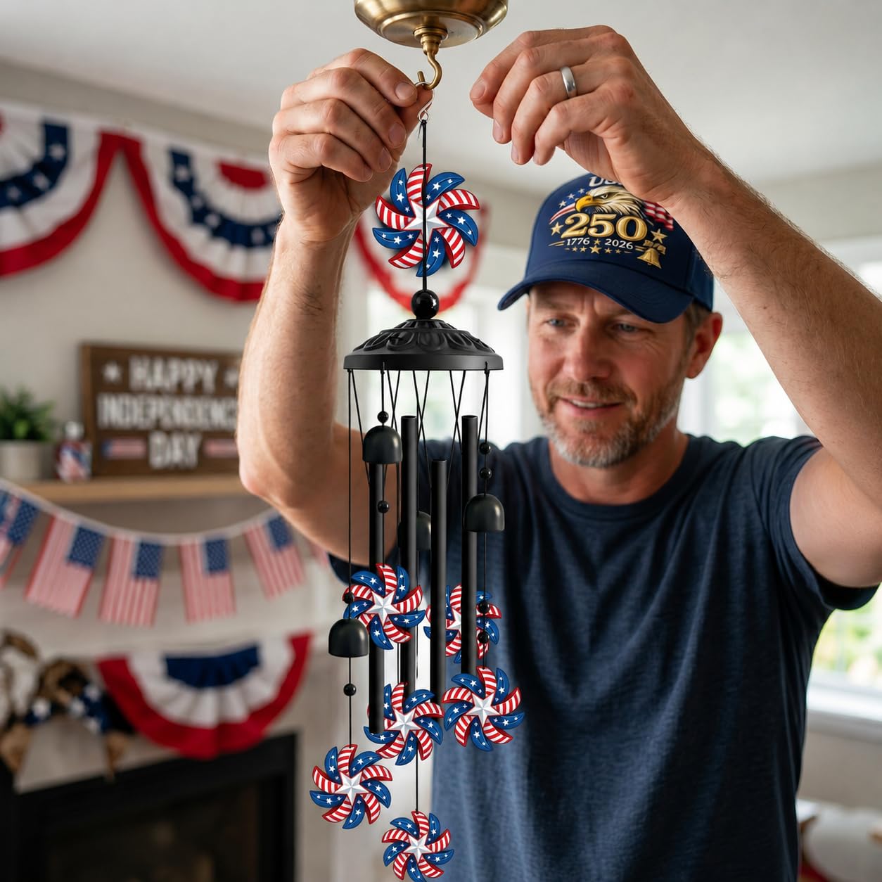 Patriotic Wind Chimes for Outside, Red White Blue American Flag Wind Chime with Stars and Bells, Outdoor Wind Chimes for Garden Decor, Porch Patio Yard Balcony Home Decor