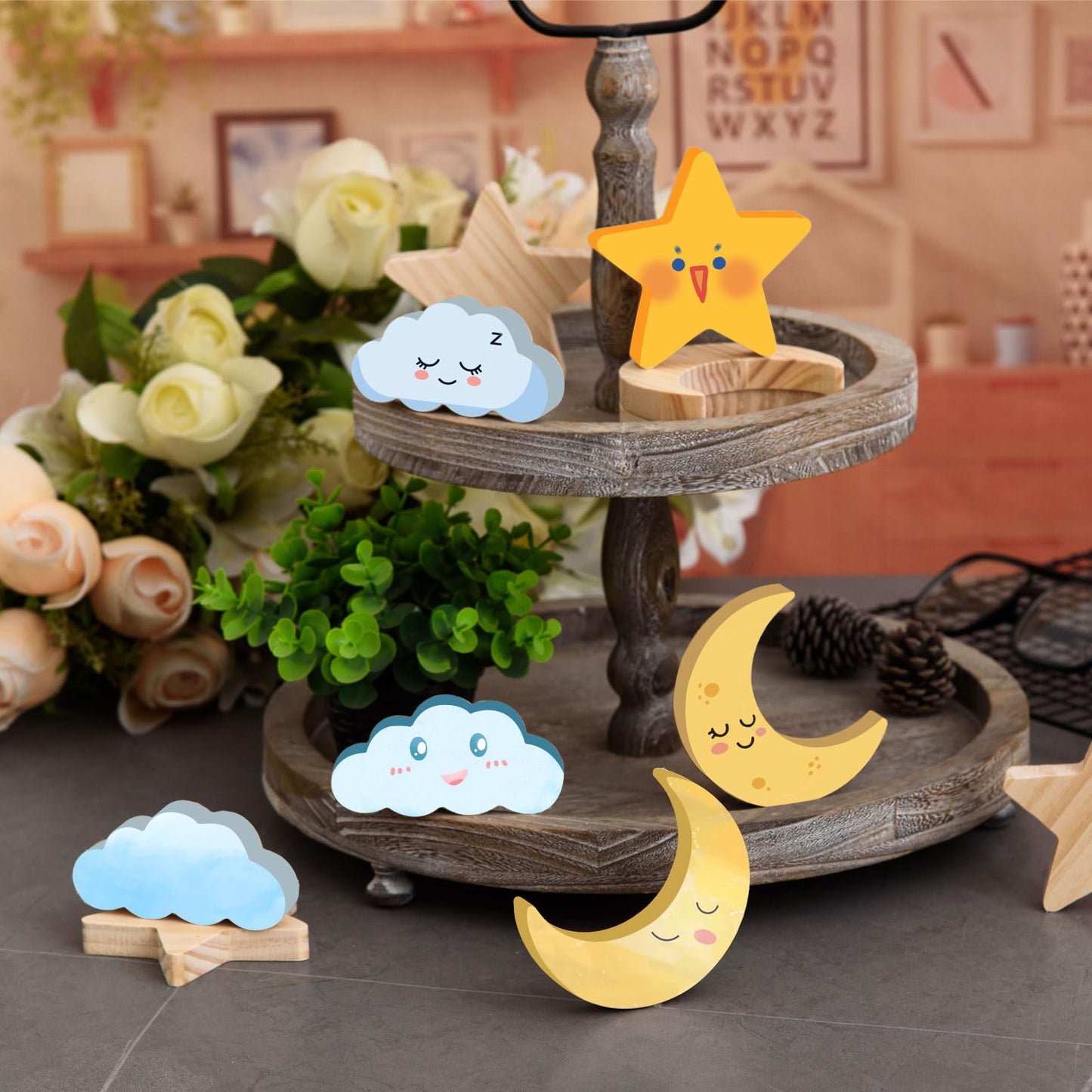 AWIZOM 12 Pcs Wooden Moon Star and Cloud Cutouts Unfinished Table Sign Blank Wood Blocks to Paint Pine Wood Table Centerpieces for DIY Crafts Back to School Boho Home Tiered Tray Decoration,3.94 Inch