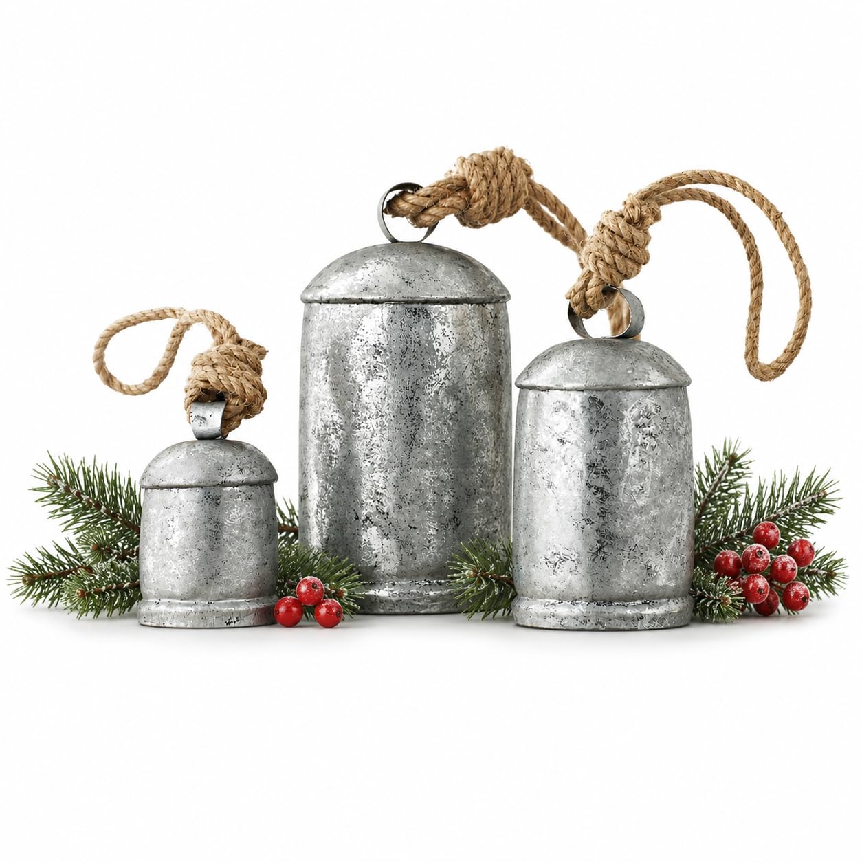 Christmas Cow Bells Harmony Giant Vintage Silver Wall Hanging Bells Country Style Rustic Set of 3 (4", 5", 8")
