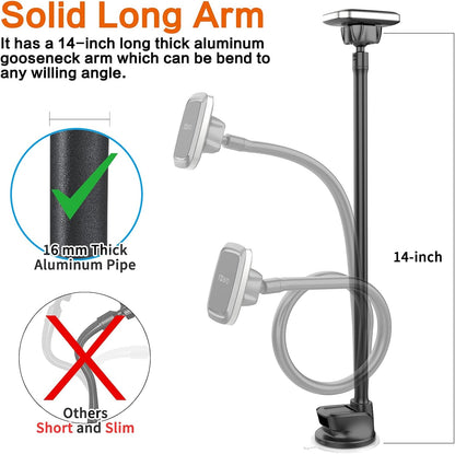 1Zero Magnetic Phone Car Mount 14-Inch Gooseneck Long Arm Extension, Universal Windshield Dashboard Industrial-Strength Suction Cup Car Phone Holder with 6 Strong Magnets, for All Cell Phones iPhone