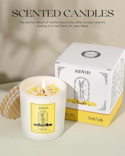 AOOVOO Vanilla Scented Candles for Women - Aromatherapy Candle with Crystals Inside, 10oz Soy Candles for Home Scented, Birthday Gifts Christmas Candle for Women Mom