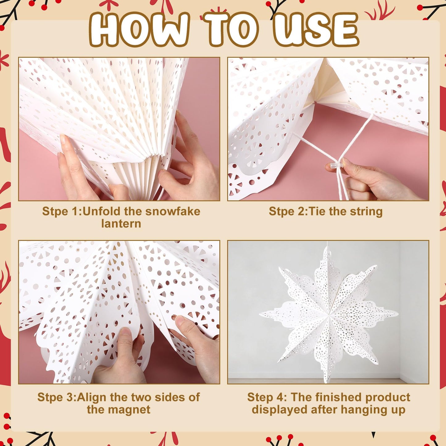 Epakh 8 Pcs Christmas Paper Star Lantern 3D Large Christmas Paper Snowflake Lanterns White Hanging Lamp Ornaments for Xmas Tree New Year Holiday Party Decorations