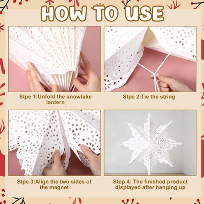 Epakh 8 Pcs Christmas Paper Star Lantern 3D Large Christmas Paper Snowflake Lanterns White Hanging Lamp Ornaments for Xmas Tree New Year Holiday Party Decorations