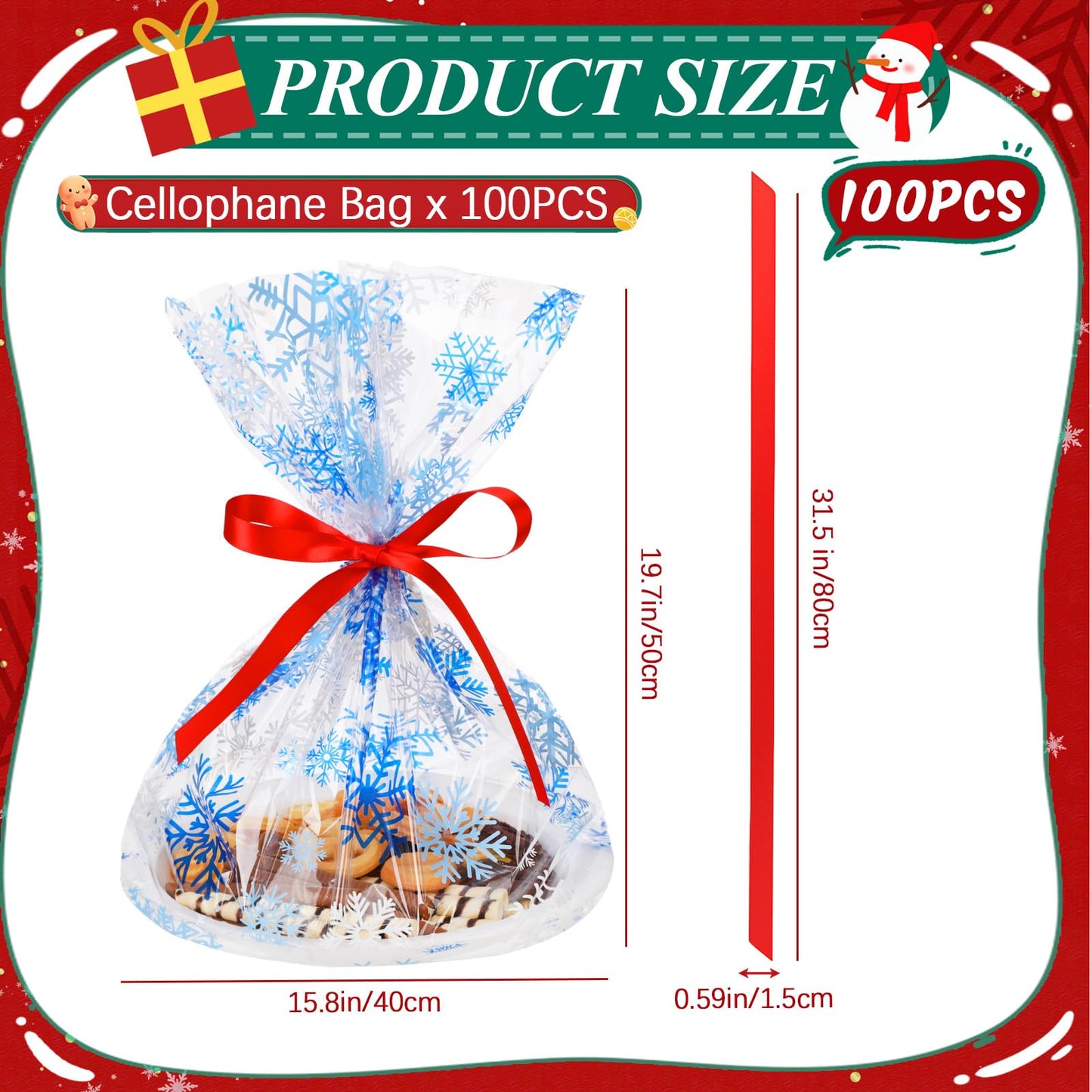 Tenceur 100 Sets Cellophane Cookie Tray Bags with Red Ribbons 15.8" x 19.7" Clear Cellophane Goodie Treat Basket Bags for Gift Giving Xmas Holiday Parties Wrap (Vivid Style)
