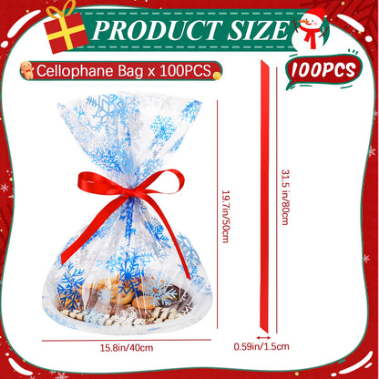 Tenceur 100 Sets Cellophane Cookie Tray Bags with Red Ribbons 15.8" x 19.7" Clear Cellophane Goodie Treat Basket Bags for Gift Giving Xmas Holiday Parties Wrap (Vivid Style)