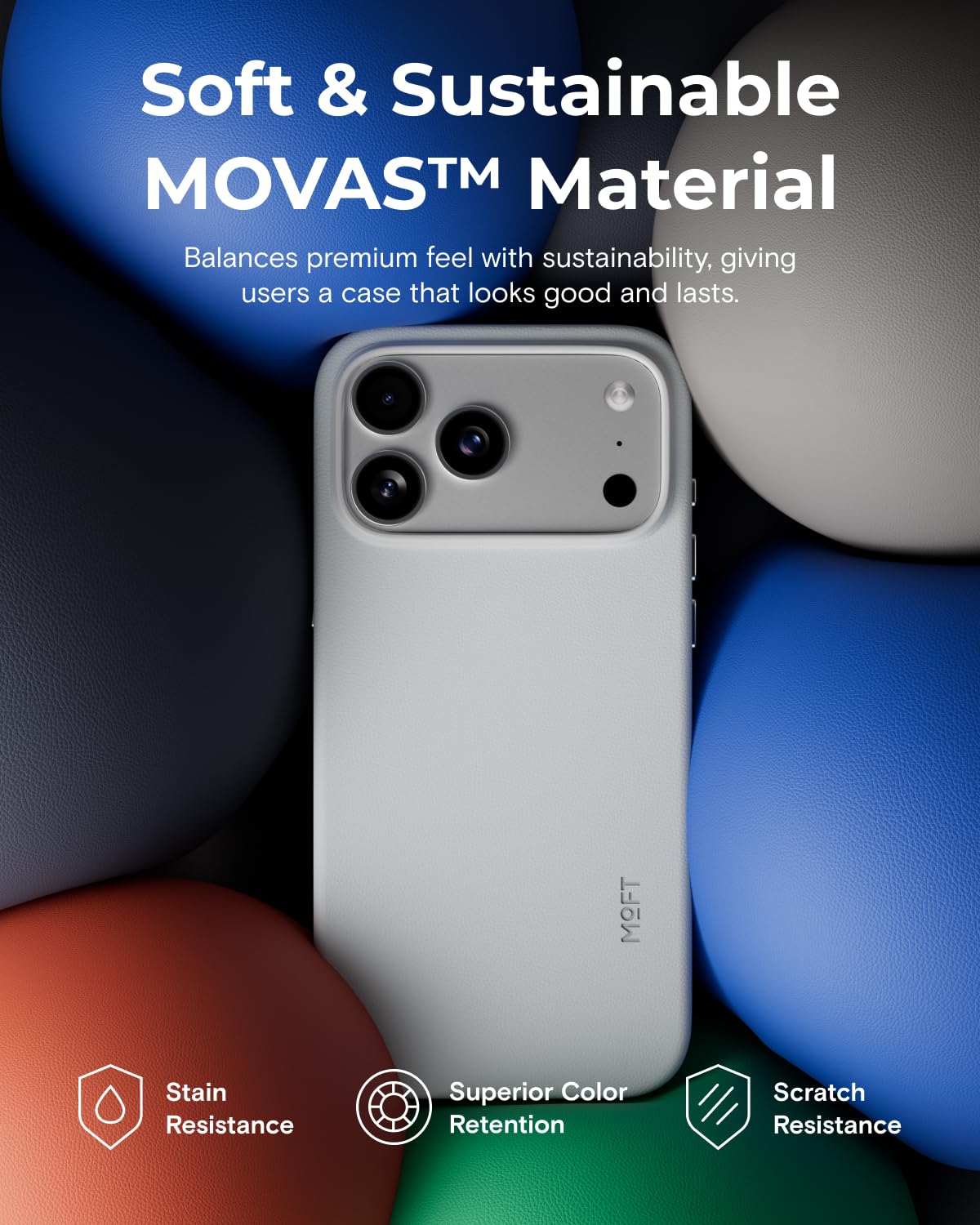 MOFT for iPhone 17 Pro Case- MOVAS Snap Case, MagSafe Compatible, Soft-Touch Vegan Leather, Classic Minimalist Design, Lightweight, Stain-Resistant & Camera Protection, Misty Cove
