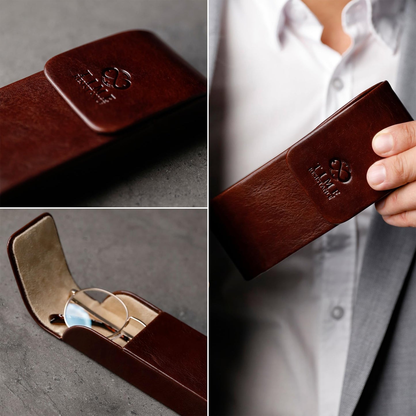 Time Resistance Leather Glasses Case - Hard Shell Leather Glasses Case - Made in Italy (Brown)