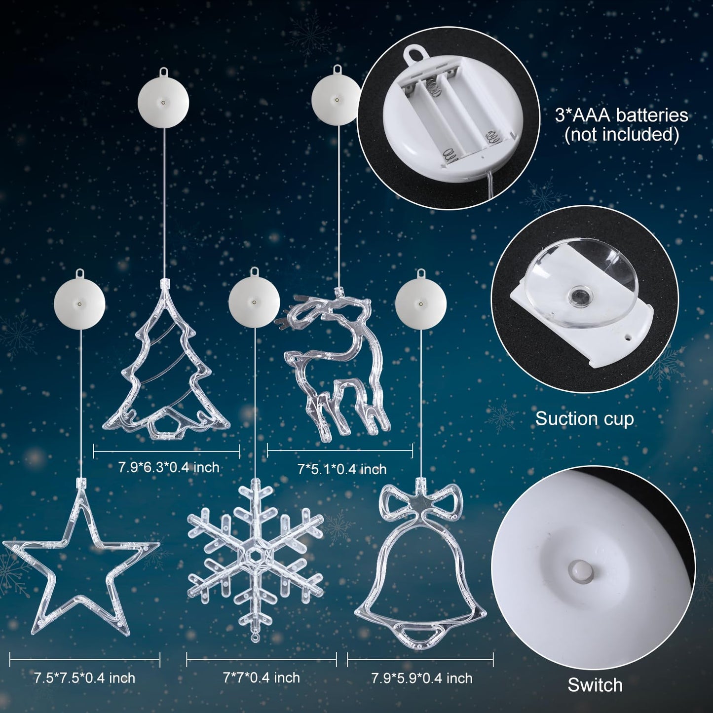 LYUBASA 5Pack Christmas Window Lights Decorations with Timer,Battery Powered Christmas Hanging White Lighted Snowflake Tree Star Deer Bells Shaped LED Sucker for Xmas Fireplace Window Indoor Decor