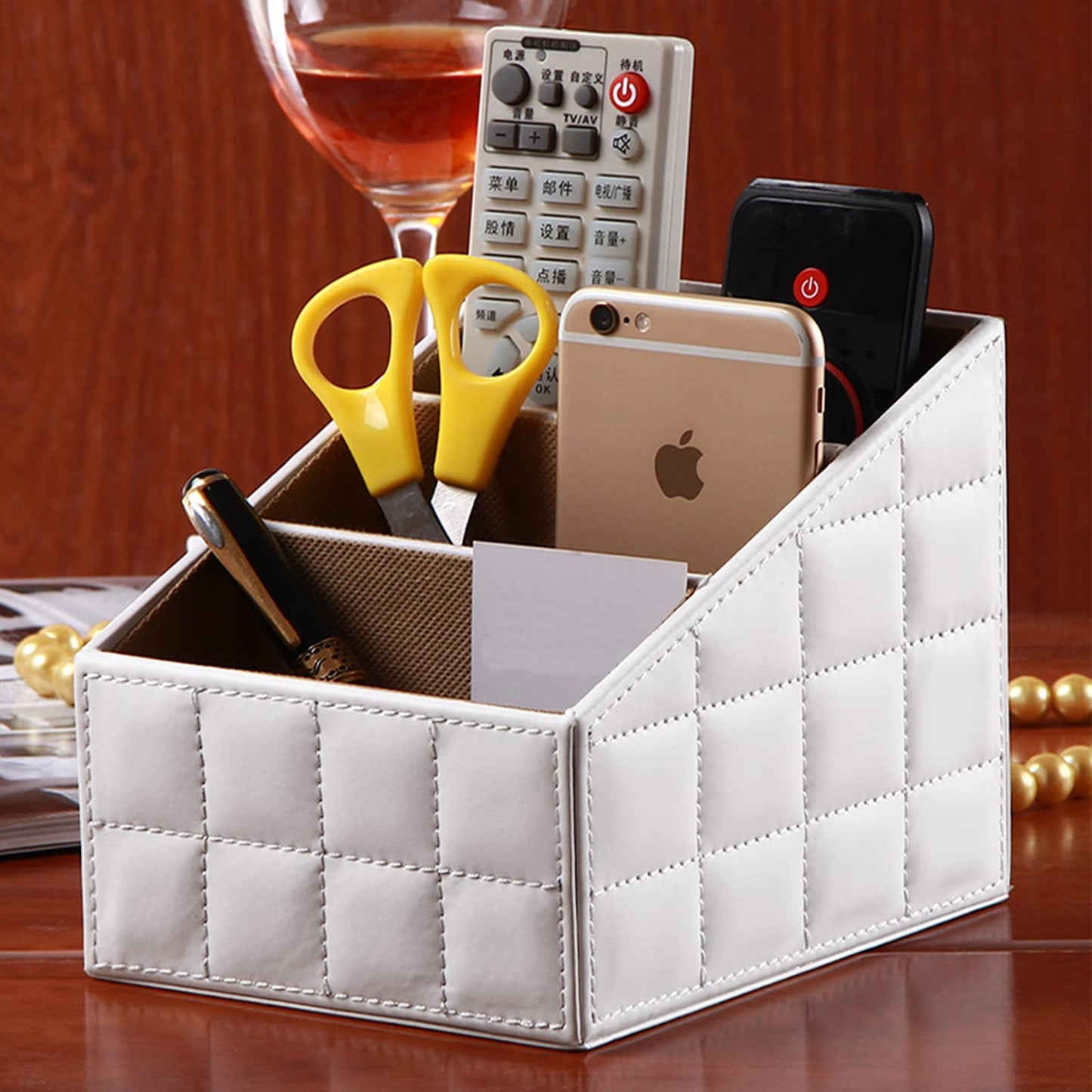 RHCSZ Fashionable PU Leather TV Remote Control Holder with 3 Compartments,Multifunction Desktop Organizer Holder, Media Accessory Storage & Organize Controllers (white)…