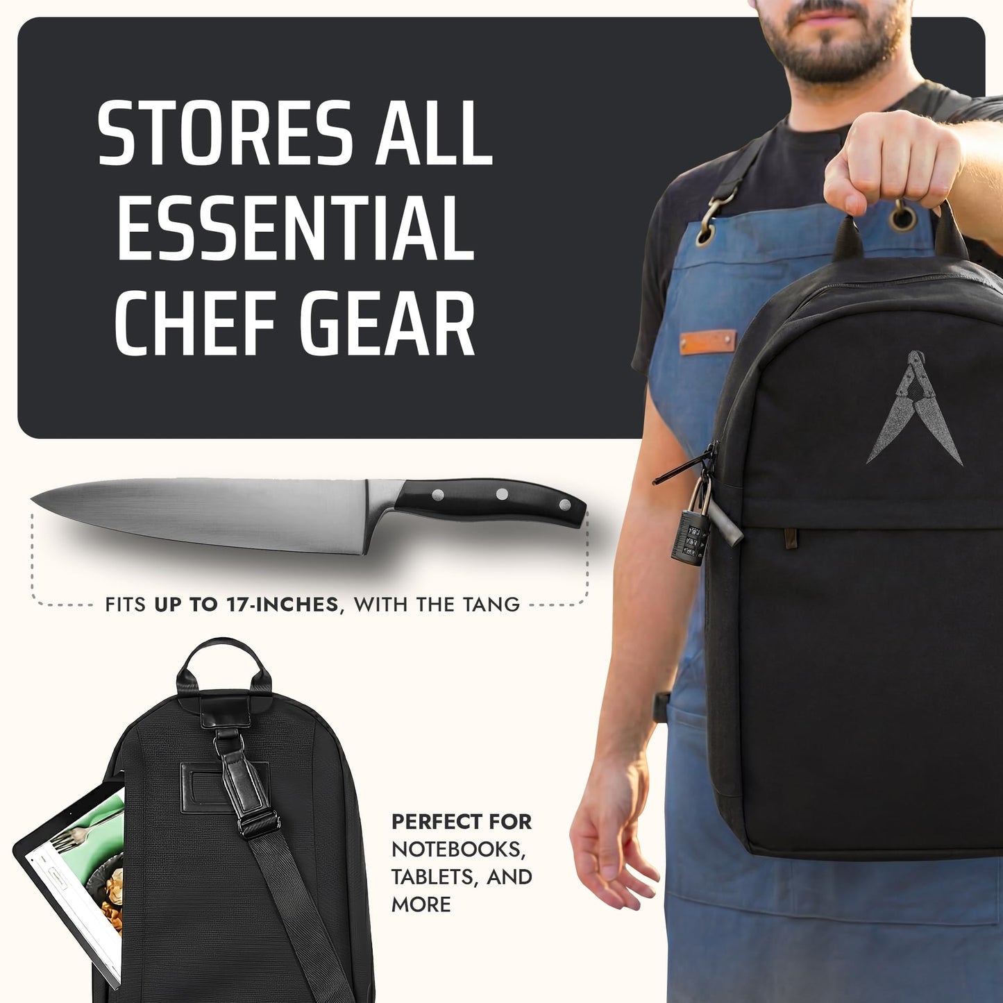 Asaya Chef Knife Sling Bag - 29 Pockets for Knives and Kitchen Utensils - Business Card Holder and Lock - Water Resistant and Durable Ballistic Nylon Backpack for Chefs