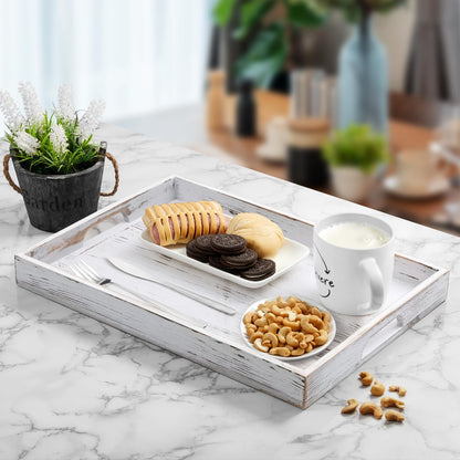 17 Inch Rustic White Serving Tray with Handles - Large Wooden Tray for Ottoman, Breakfast in Bed, Dinner, Coffee Table - Decorative Rectangular Tray for Living Room Bedroom Entryway and Kitchen Decor