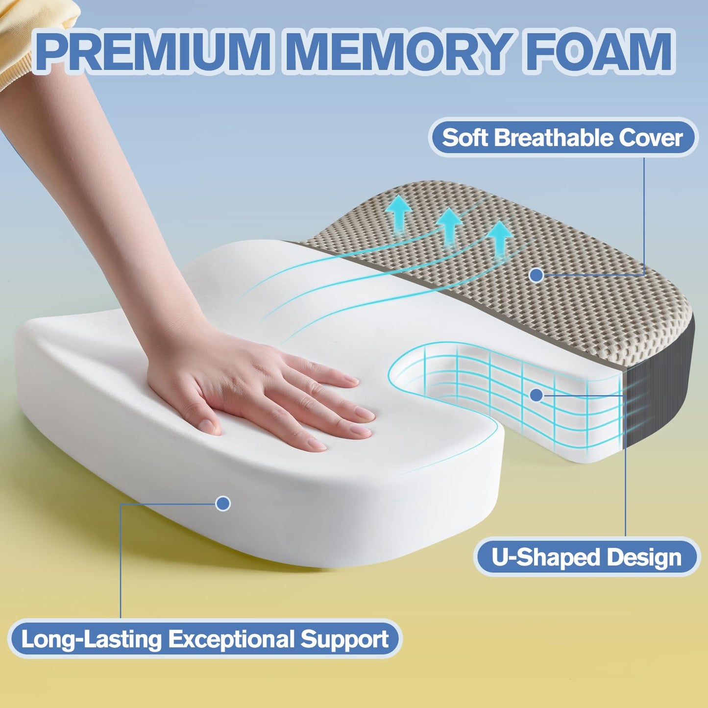 Mureon Seat Cushion for Office Chairs, Large Memory Foam Cushion for Car, Pressure Relief Ergonomic Chair Cushion with Non-Slip Cover for Soft Support for Hip All Day Comfort - Grey