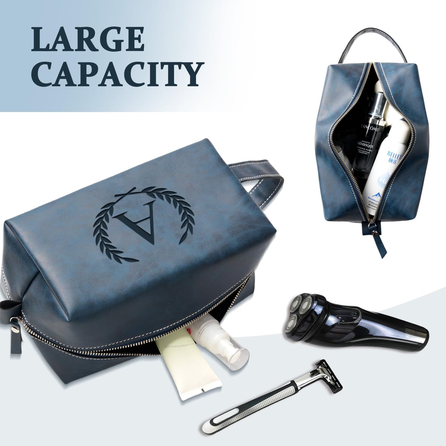 Aganmi Personalized Gifts Travel Toiletry Bag for Men Engraved Initial PU Leather Waterproof Shaving Bag for Toiletries Accessories Fathers Day Birthday Gift for Men Dad Husband Son, Dark Blue B