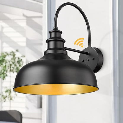 Bestshared 16 Inch Dome Large Dusk to Dawn Sensor Gooseneck Barn Light Farmhouse Outdoor Wall Sconce Industrial Exterior Wall Lighting Fixture, Outside Lantern Garage Lamp(Black+ Gold, 16” Dome-2Pack)