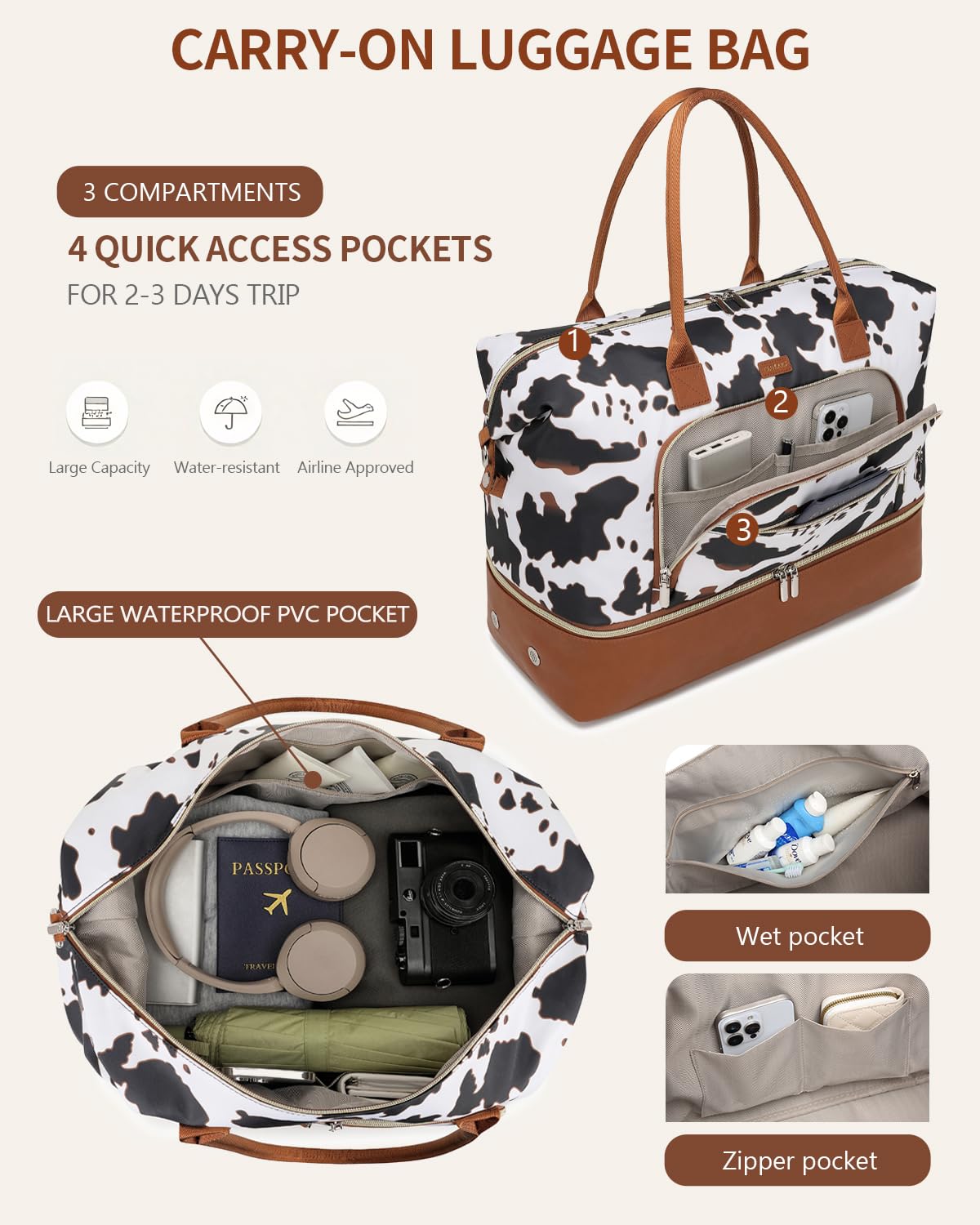 CLOKARS Weekender Bags for Women, Travel Duffle Bag Carry On Overnight Bag with Cosmetics Bag and Crossbody Purse for Gym Hospital, Gifts for Women, Cow Print Brown