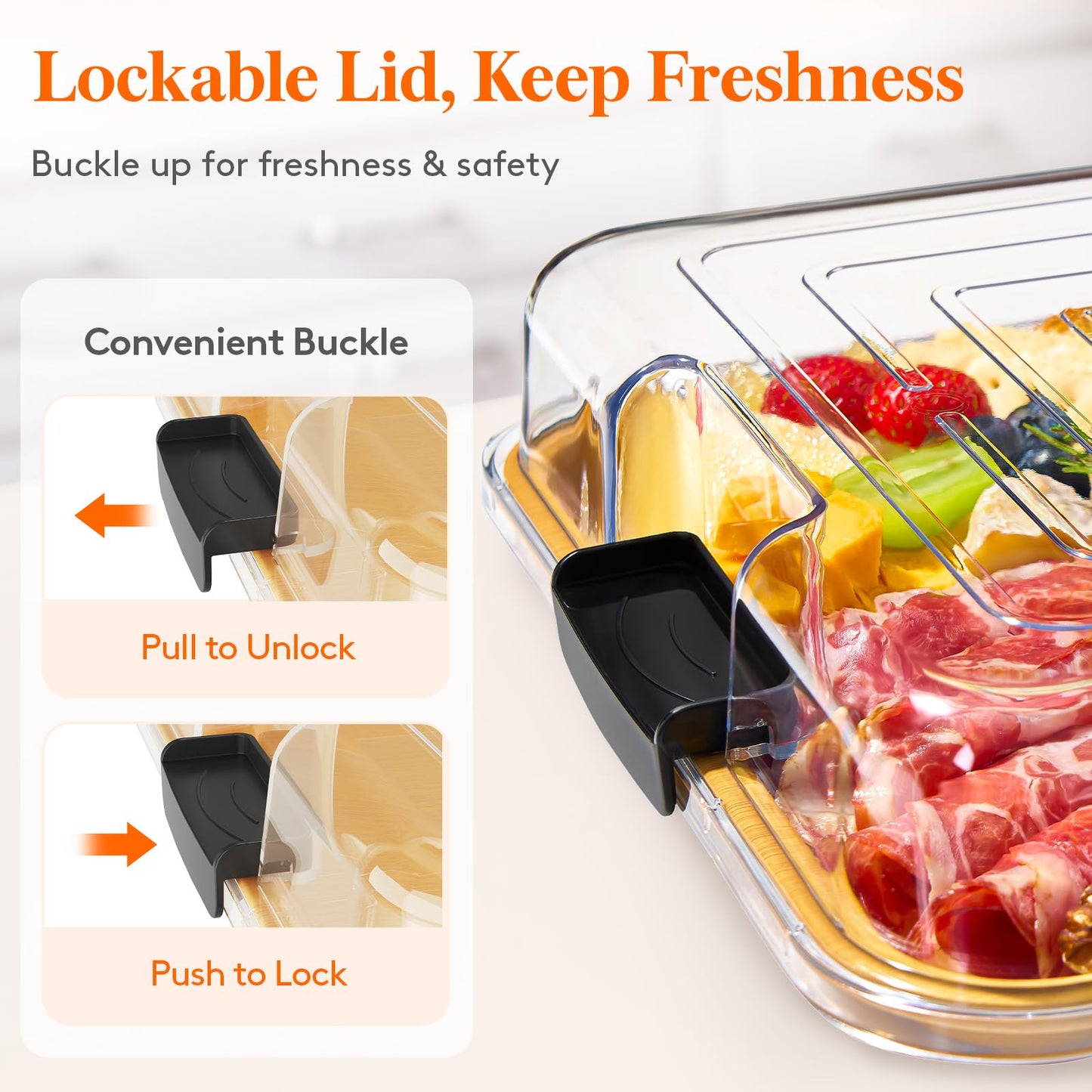 Lifewit 1 Compartment Melamine Charcuterie Board, 11 x 14 Inch Portable Cheese Board with Plastic Lockable Clear Lid, Travel Charcuterie Board Serving Platter with Cover for Snacks, Fruit, Appetizers