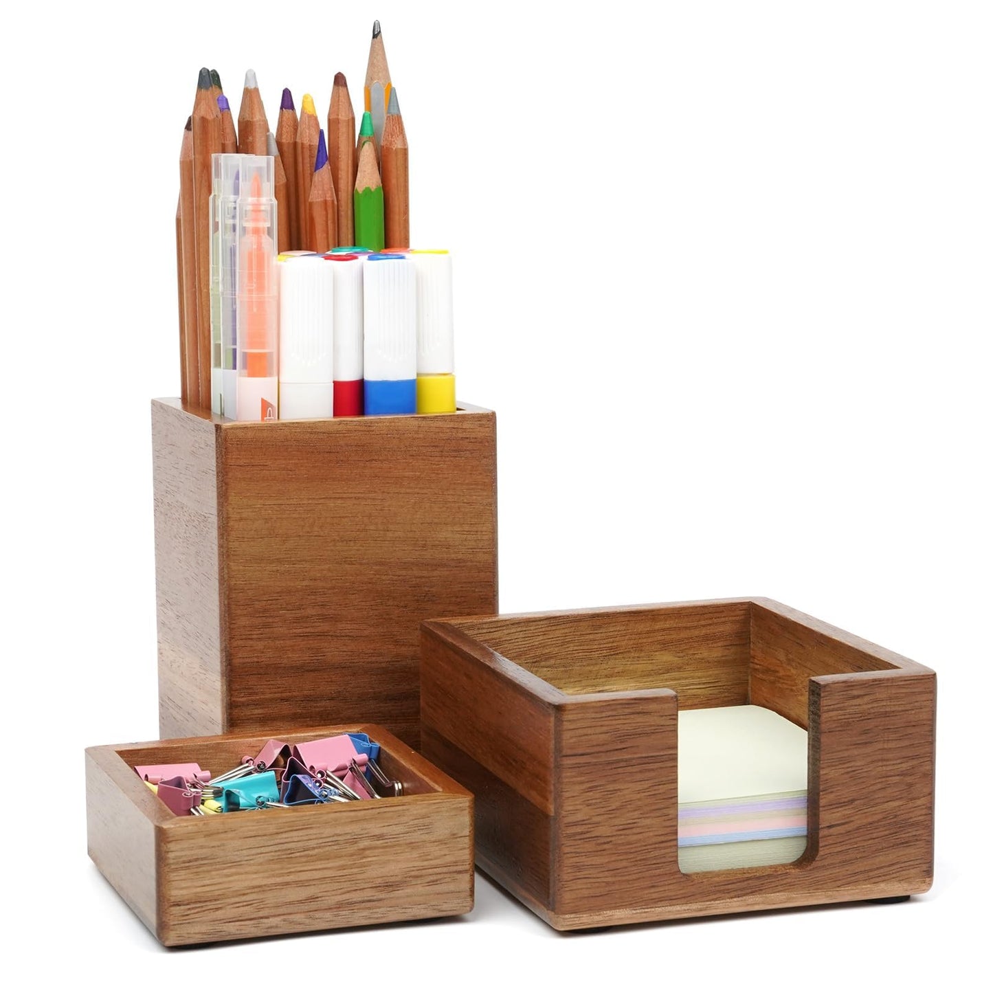 RAWILL 3 PCS Black Wooden Desk Organizer Set Pine Wood Office Desk Accessories with Pen Holder, Paperclip Storage and Sticky Note Holder, Wood Grain Clear, Ideal Gift for Office and Family