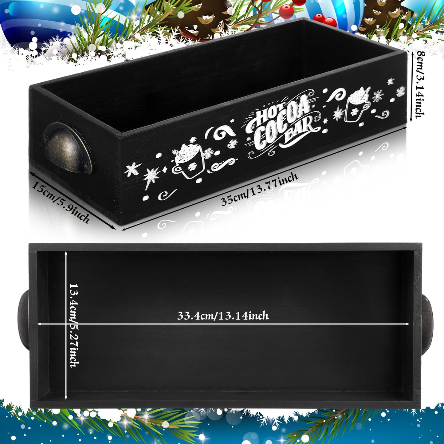 Vesici Hot Cocoa Bar Wood Storage Box Decorative Christmas Cute Wooden Storage Bins Farmhouse Open Holder Box Coffee Station Organizer for Xmas Holiday Bar Home Office Countertop(Black)