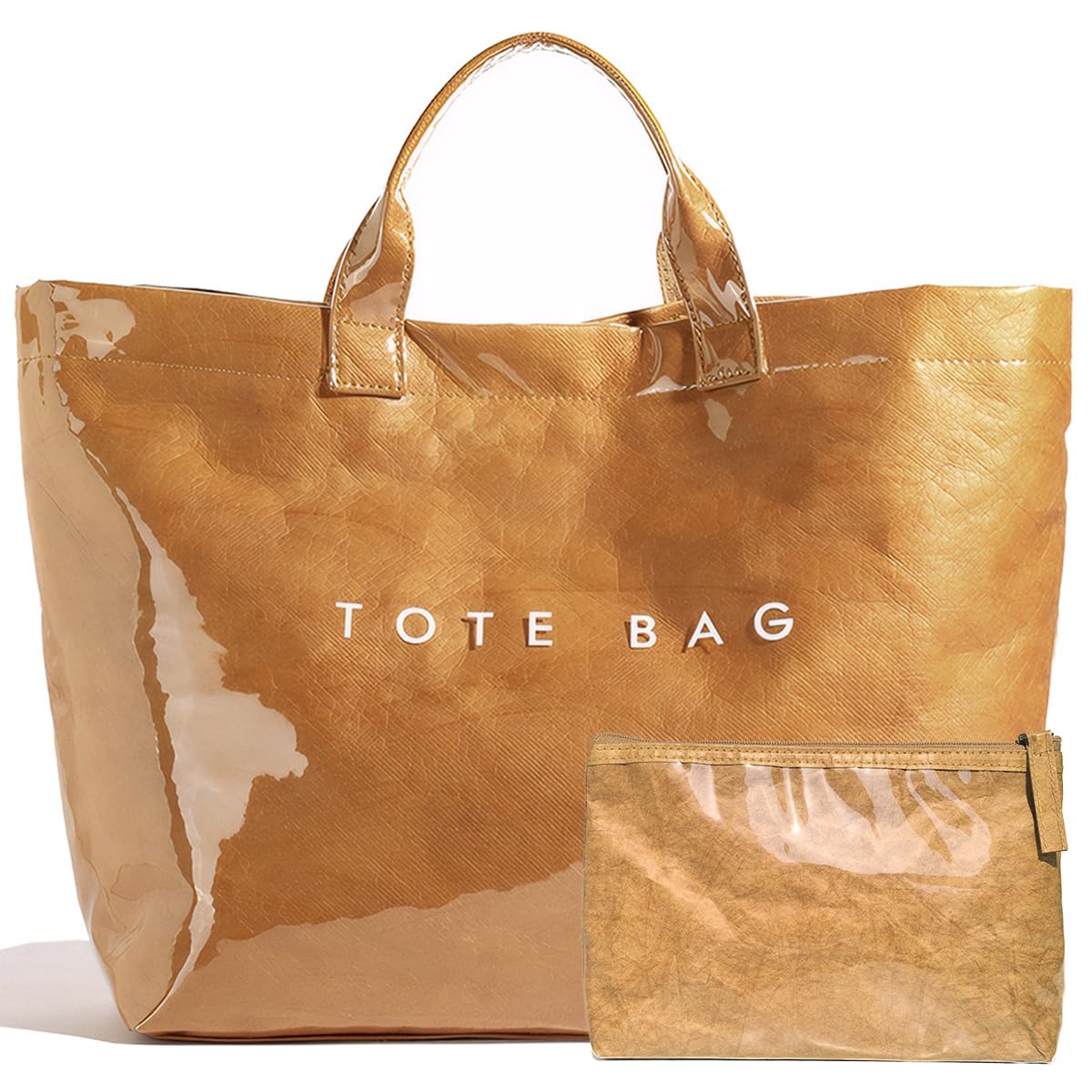 LuxMall PVC Tote Bag for Women Large Tote Purse Kraft Paper The Letters Print Bag Hobo Handbag with Top Handle for Work Travel Shopping Beach, Khaki Brown