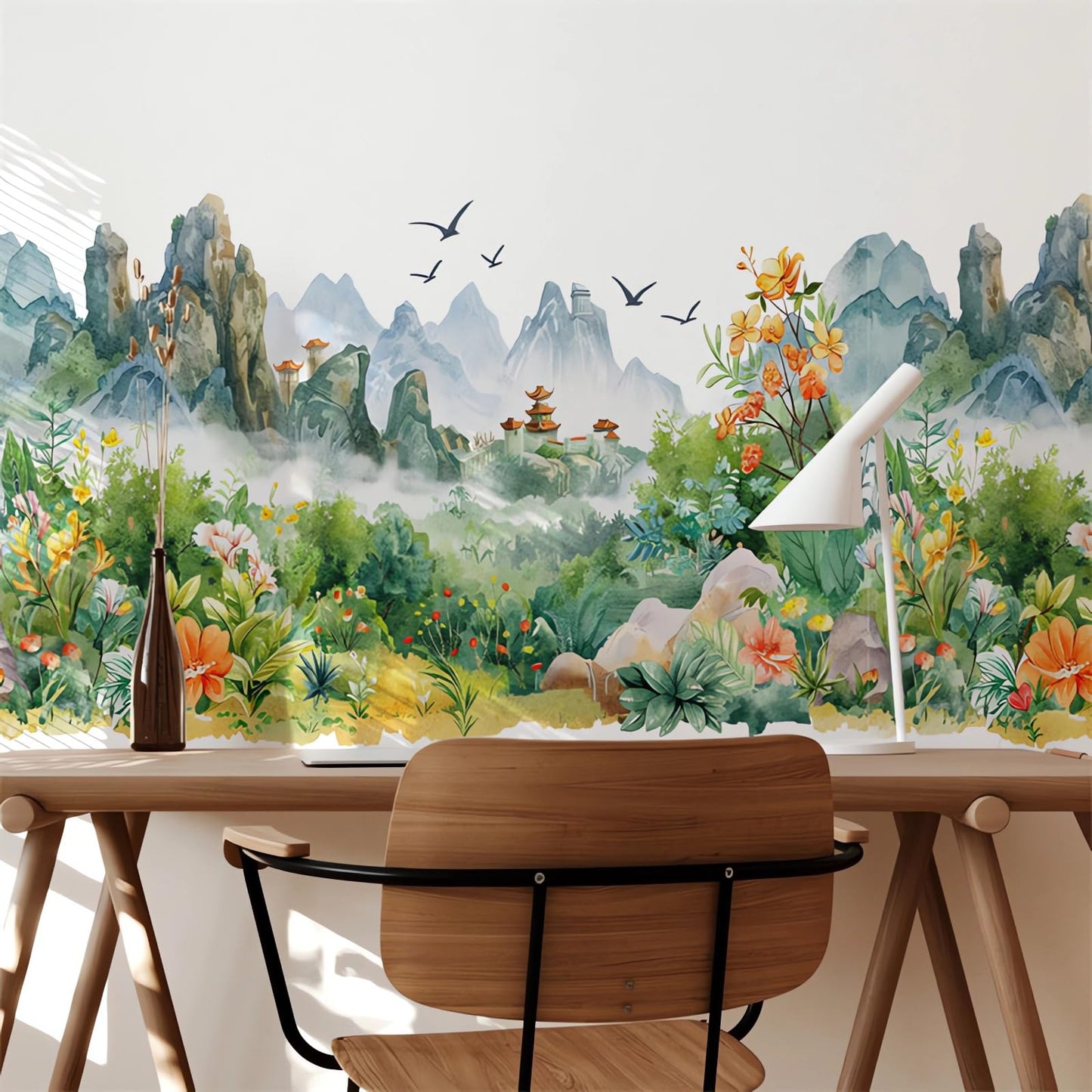 Chinese Style Landscape Painting Circulation Collage Wall Stickers, sacinora Landscapes Flower River Bird Wall Decal Removable Vinyl Peel and Stick for Living Room Tea Room Background Home Decoration