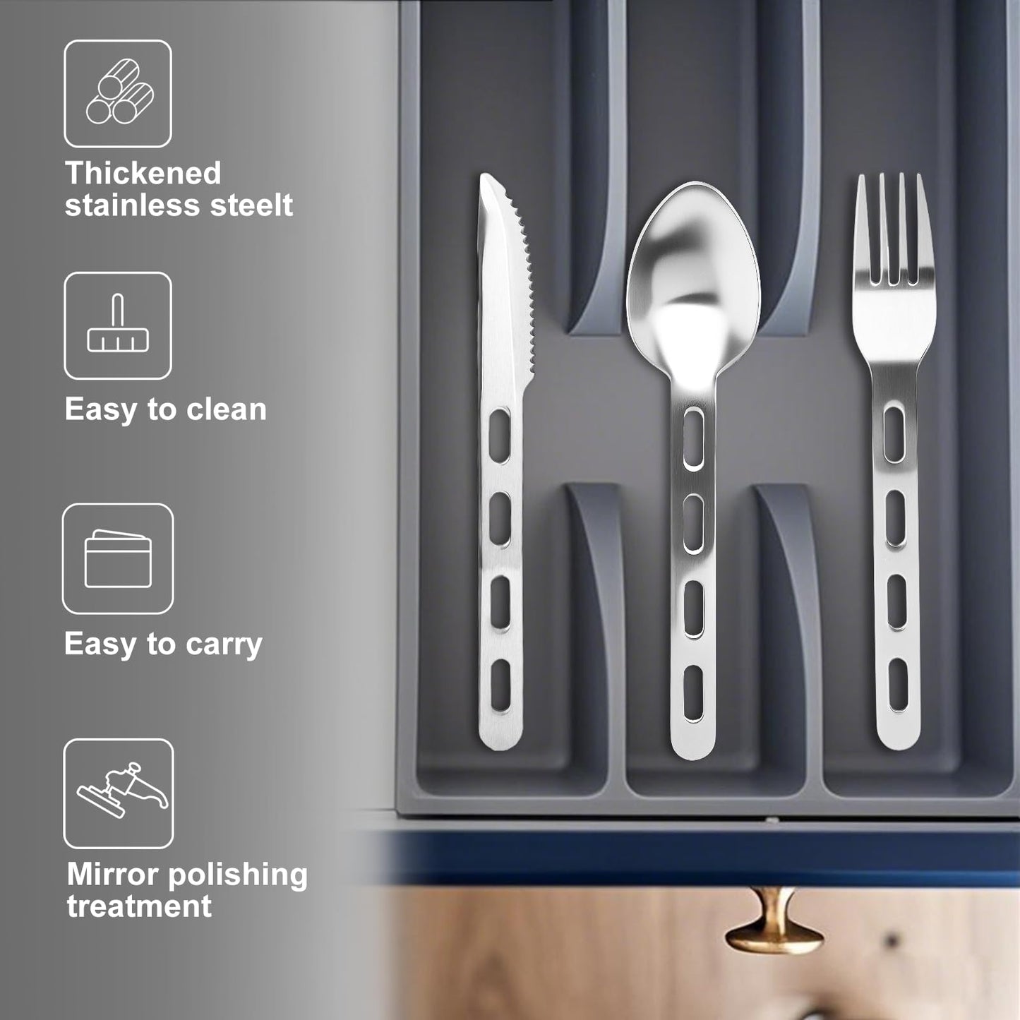 Rxsdfdi Travel Utensils, Durable Stainless Steel Camping Utensil Set, Reusable 3-Piece Travel Cutlery Set, Easy to Carry & Practical Camping Utensils for Traveling Picnic Hiking