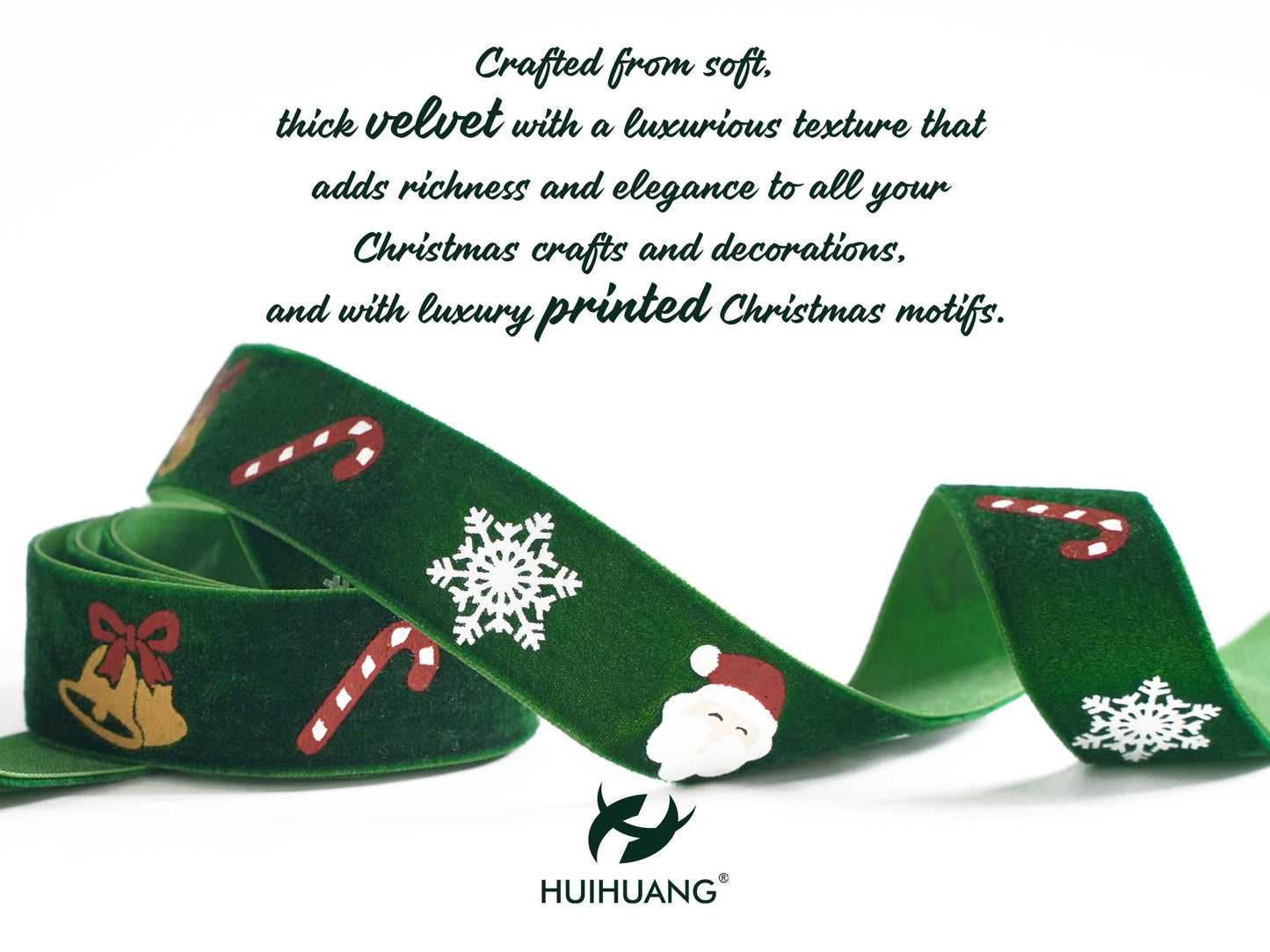 HUIHUANG Green Christmas Velvet Ribbon 1 inch Forest Green Ribbons with Merry Christmas Santa Ribbon for Gift Wrapping, Tree Ornaments, Wreaths, Garlands, DIY Crafts- Continuous 10 Yards