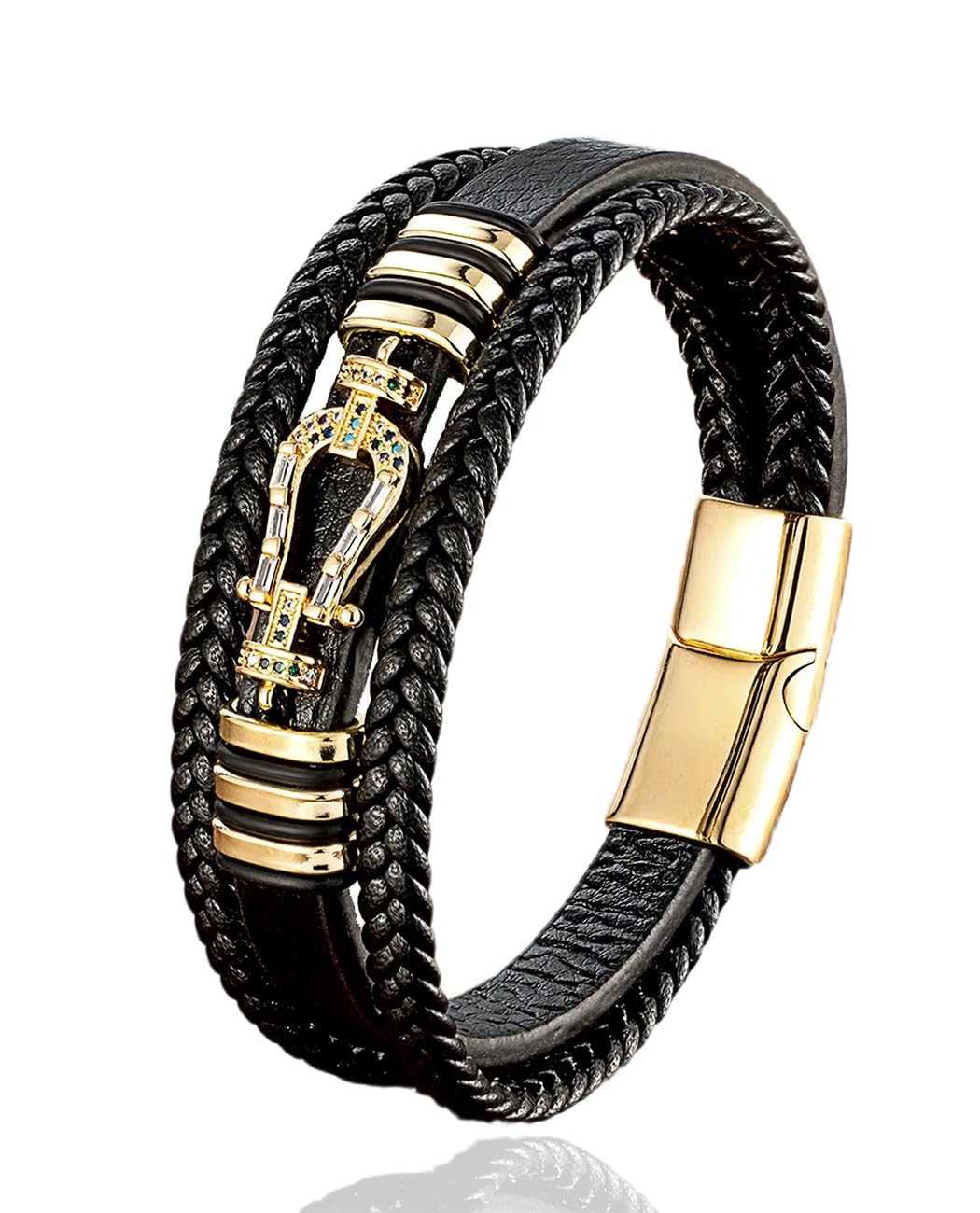 Kim Carrey Italian Handmade Genuine Leather Bracelets for Men Stainless Steel Clip, Men's Casual Genuine Multi-layer Cuff Bracelet, Bracelet Gift for Real Men (Horseshoe)