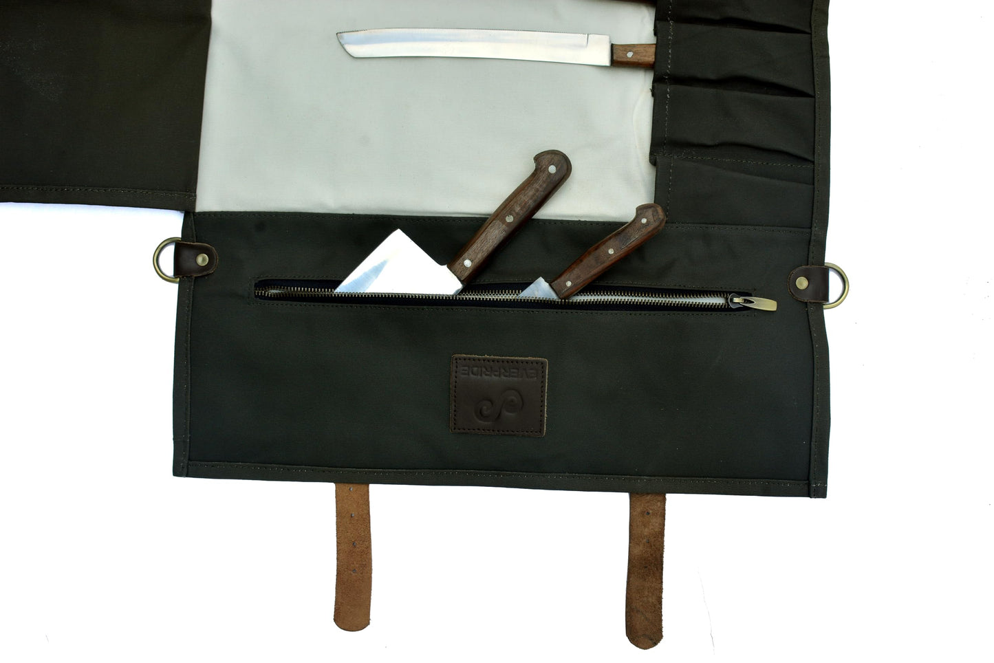 EVERPRIDE Stunning Waxed Canvas Roll Bag in Rich Dark Green w Genuine Leather Trim. Handsome Professional Chef Knife Roll Bag with upto 14" Knives and Storage Compartments A Super Gift