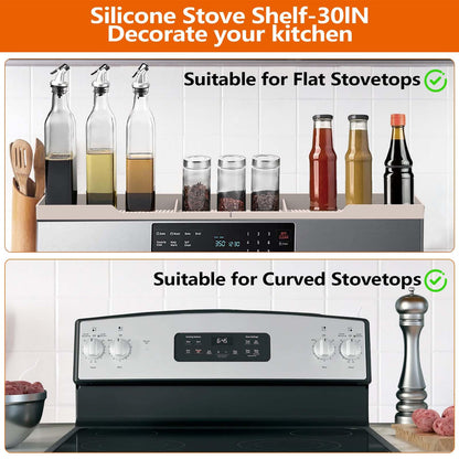 AWOKE Stove Top Shelf 30 Inch - Silicone Material Magnetic Shelf for Stove - 3 Functional Partitions Kitchen Spice Rack Organizer-Black,Kitchen Gadgets Storage Organization