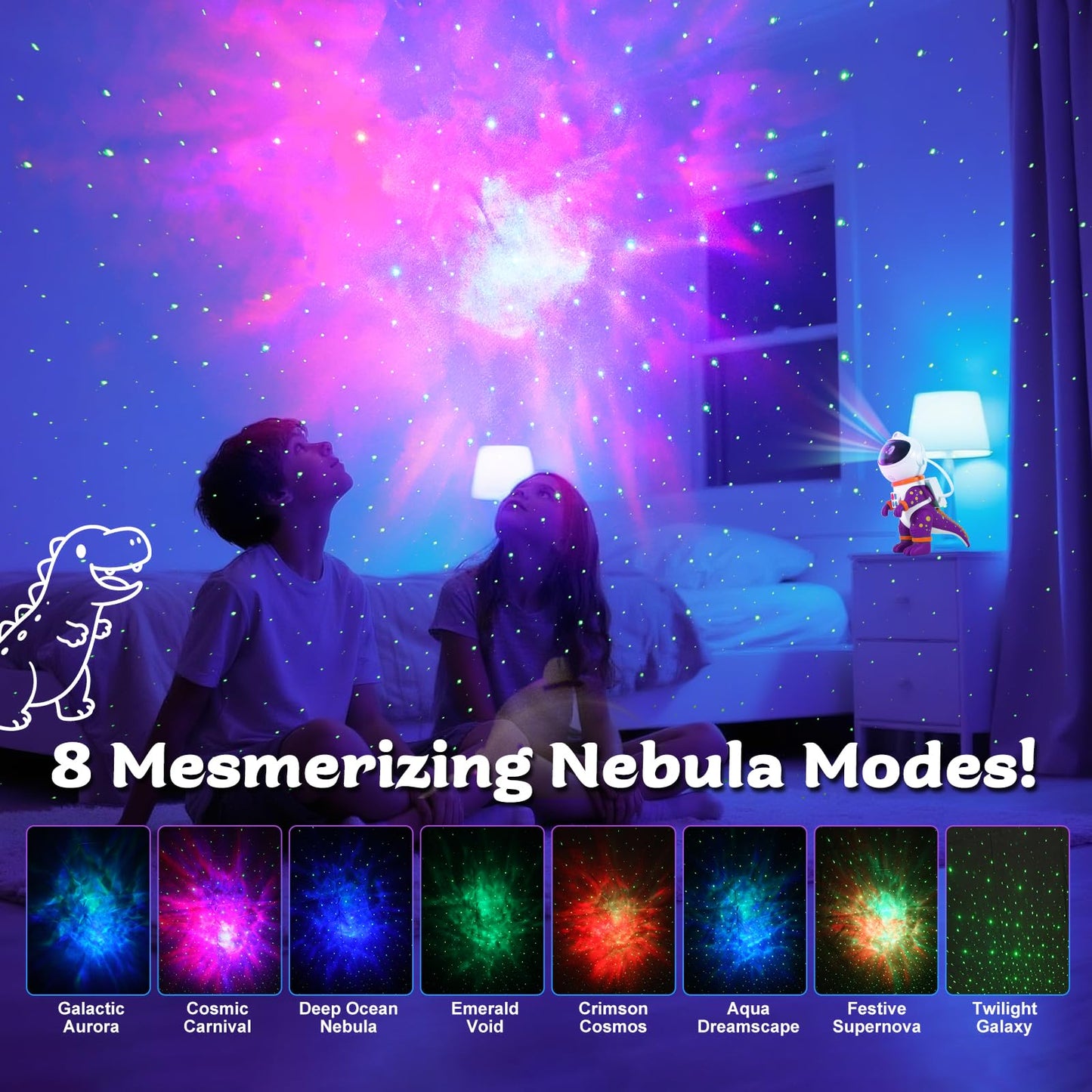 LOVME Galaxy Star Projection Night Light, Dinosaur Astronaut Space Projector with 8 Modes Starry Nebula Effects, Timer & Remote Control, Bedroom Ceiling Decor for Kids, Christmas Birthday Gift(Purple)