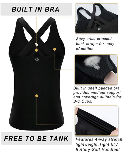 RUNNING GIRL Women's Workout Tank Top,Built in Shelf Sports Bra Strappy Back Compression Athletic Shirts（BX2680.Black.XL）