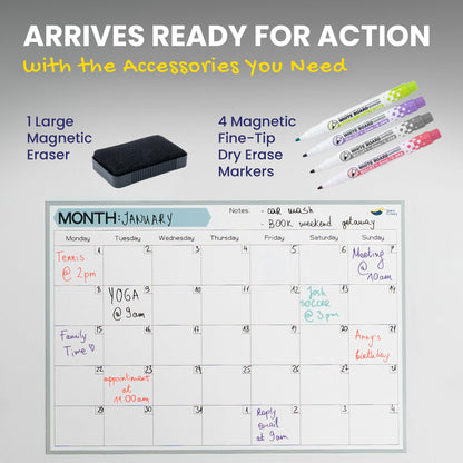 Monthly Magnetic Calendar for Refrigerator - 17x12” Dry Erase Fridge Calendar Magnet - Starts Monday, Organizes 2025 Schedules, Chores, Meals, More - Whiteboard with 4 Markers & Eraser by Quick Canary