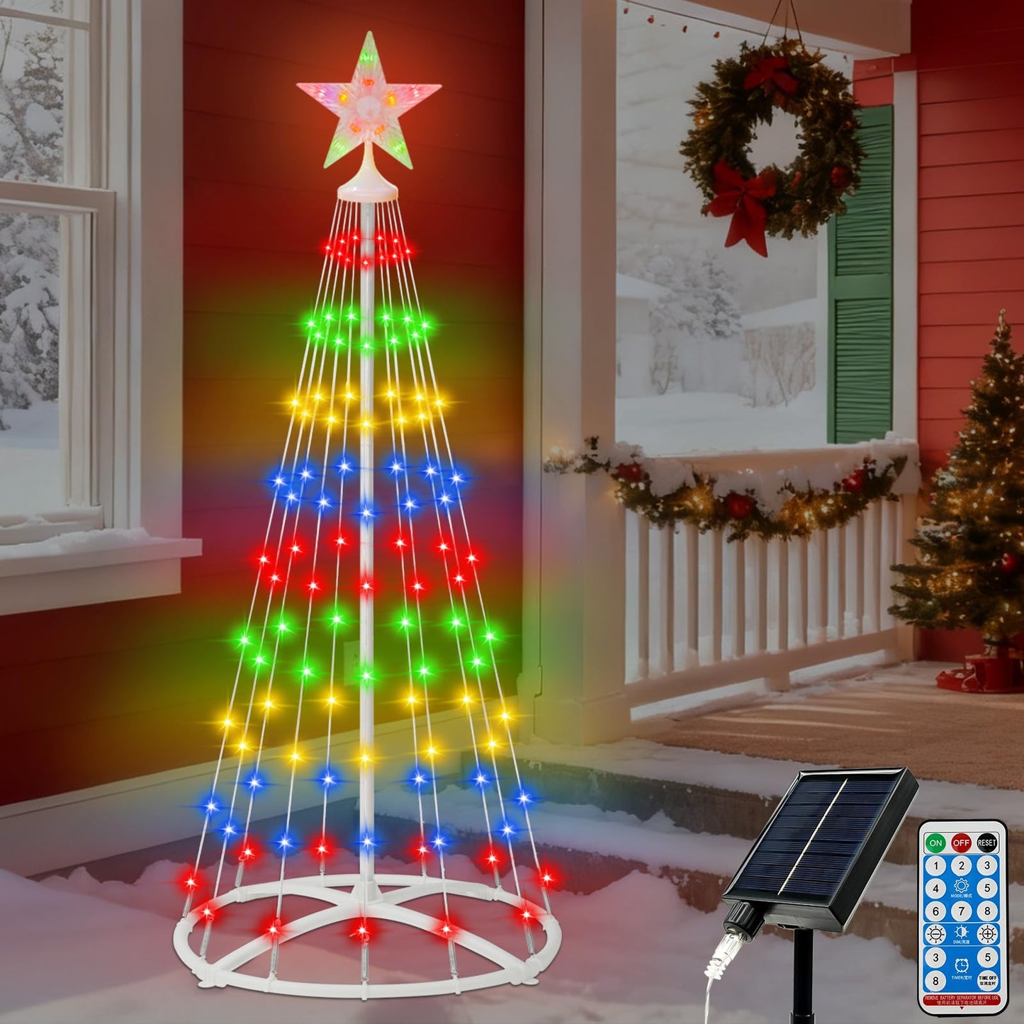 IDEAALS 4FT 118LED Outdoor Solar Christmas Cone Tree Lights, 8 Modes Timer Remote RGB Christmas Tree Lights with Star Topper for Xmas Yard Porch Patio Holiday Decor