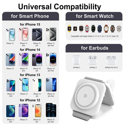 Wireless Charging Station for Apple Multiple Devices - 3 in 1 Foldable Magnetic Wireless Charger - Travel Charging Pad for iPhone 16 15 14 13 12 Pro Max Plus Watch & AirPods (Black)