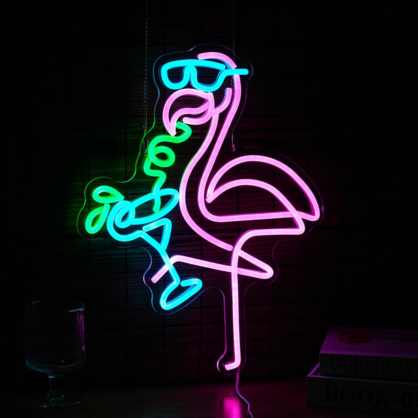 Flamingos Drink Neon Sign LED Cocktail Light Up Sign for Wall Decor Dimmable USB Powered Animal Neon Light for Living Room Kids Room Bar Art Wall Decor （16.7 * 12.8In）