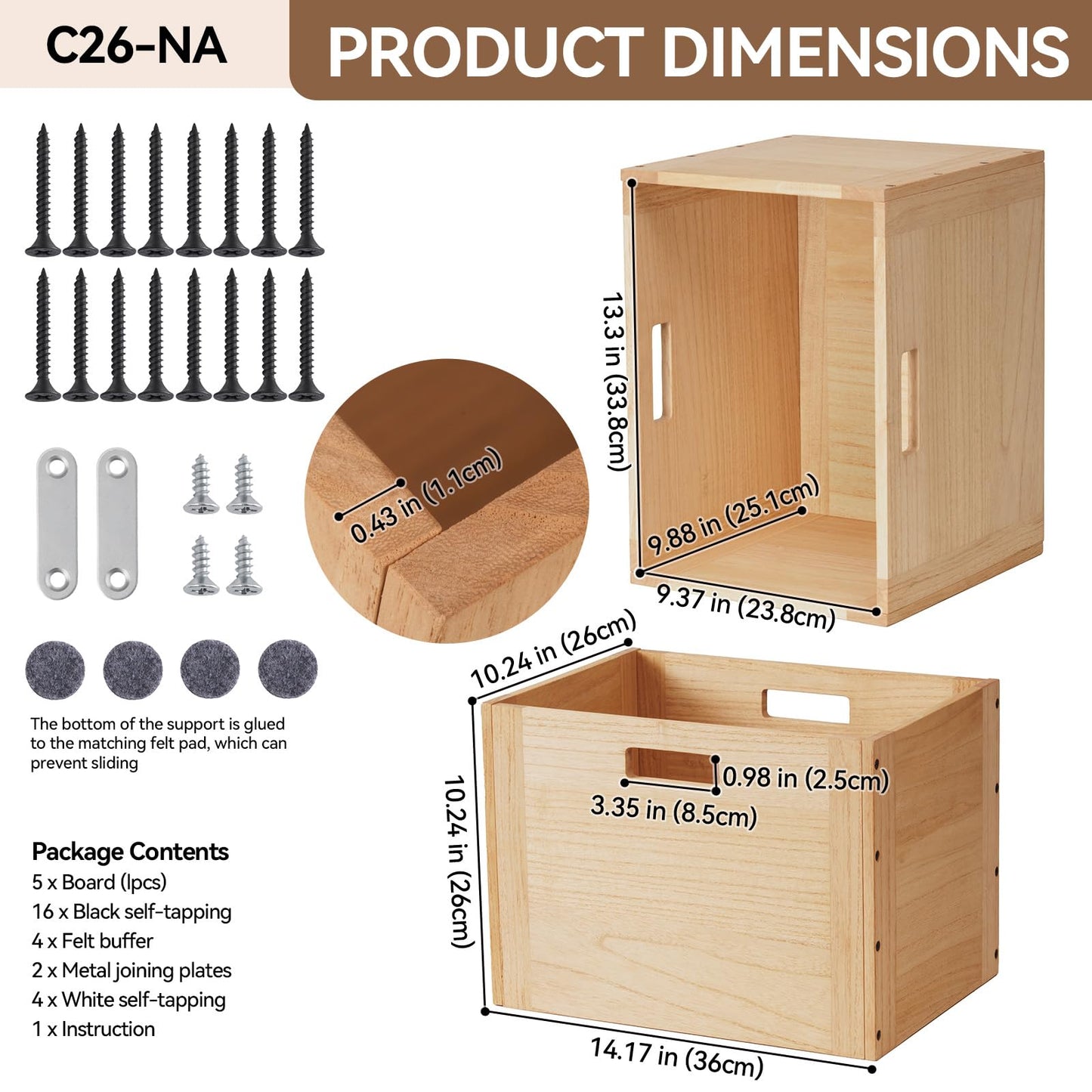 KIRIGEN Stackable Wood Storage Cube /Basket/ Bins Organizer for Home Books Clothes Modular Open Cubby Storage System - Office Cubical Bookcase Closet Shelves C26-NA
