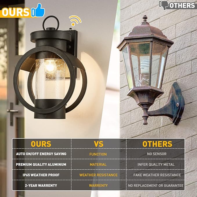 Dusk to Dawn Sensor Industrial Outdoor Wall Sconce Modern Exterior Wall Mounted Light Fixture Waterproof Outdoor Wall Lantern, Matte Black Outside Wall Lamp with Seeded Glass for House, Porch, Garage
